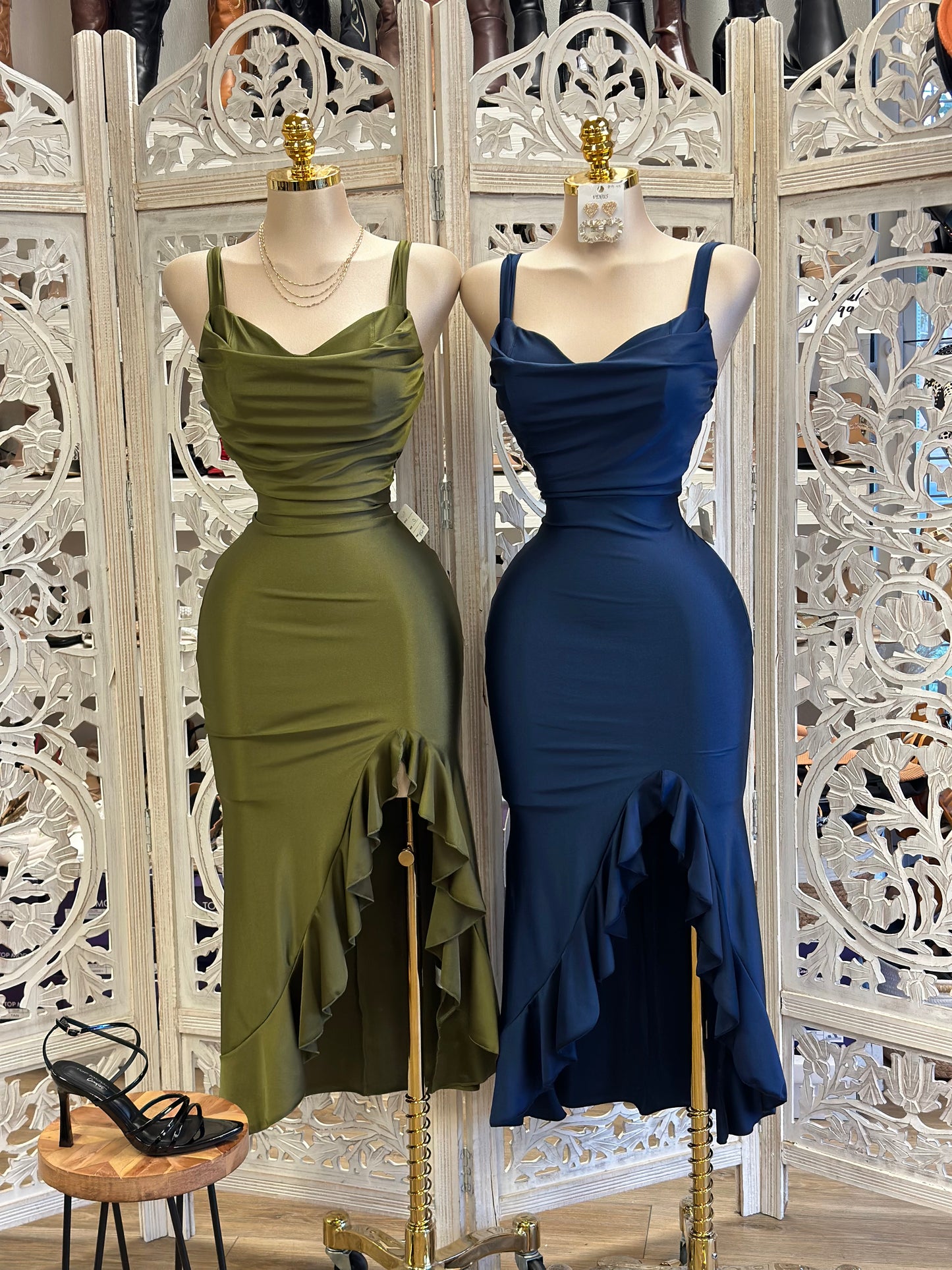 Thick Strap Heart Line Ruffle Dress - Estira, Stretchy