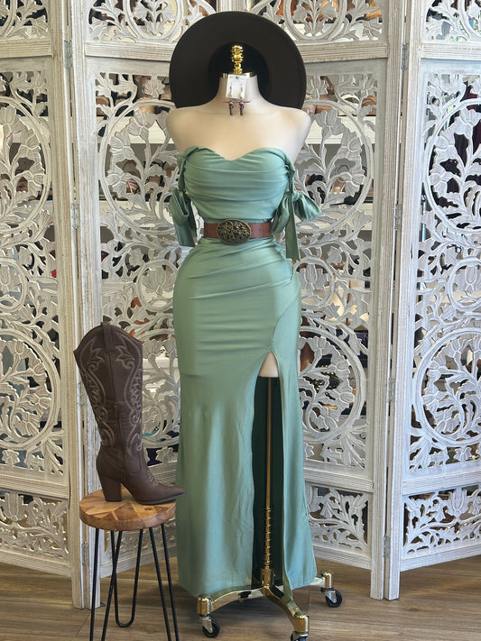 Sage Ribbon Sleeve Dress- Stretchy, Estira