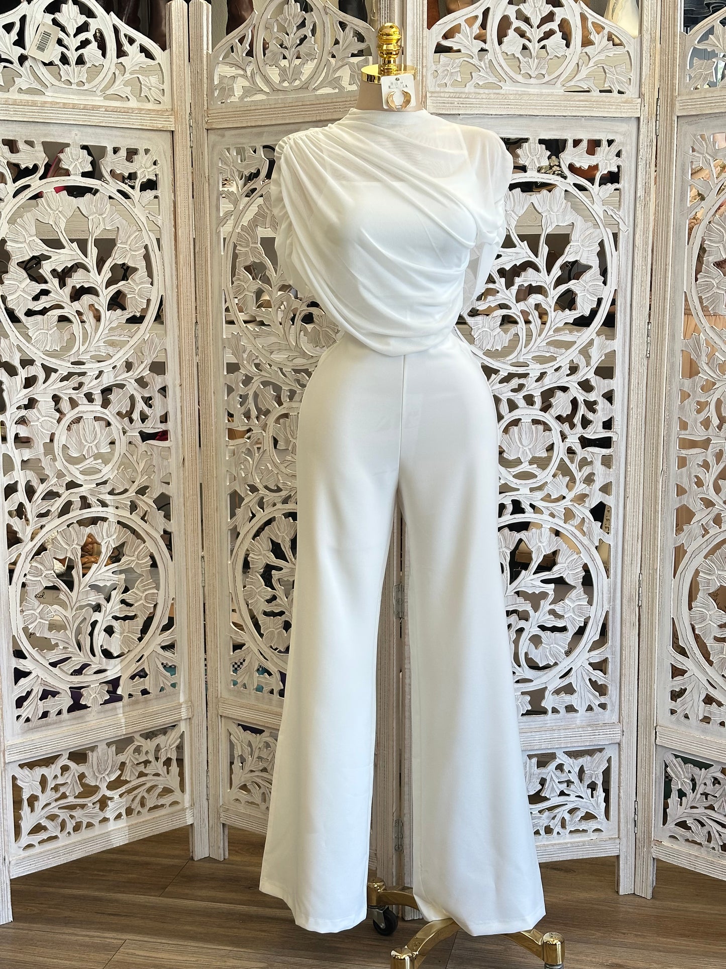 White Draped Jumpsuit - Slightly Stretchy,Estira Poco