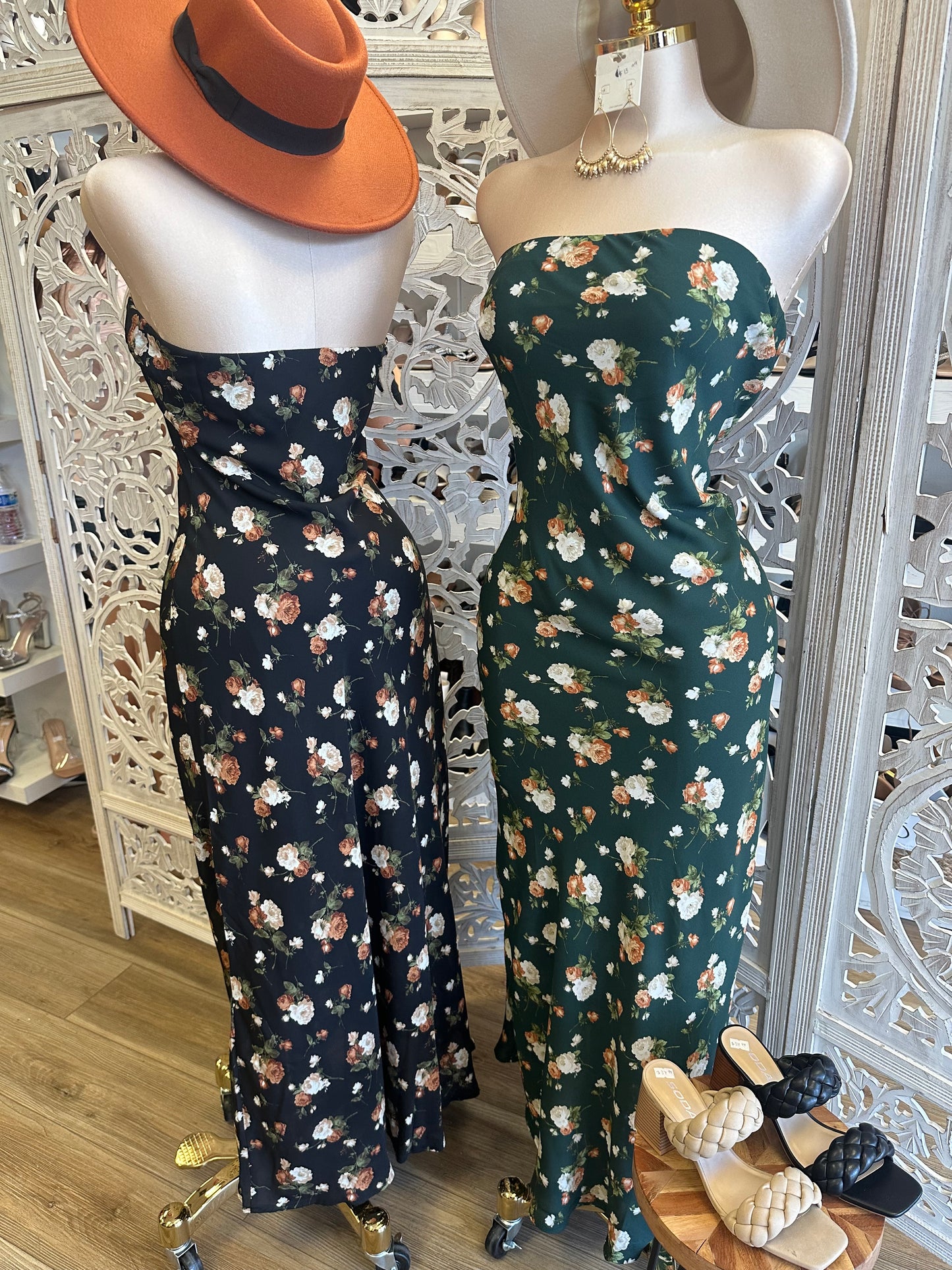 Strapless Flower Pattern Maxi Dress- No Estira, Not Stretchy