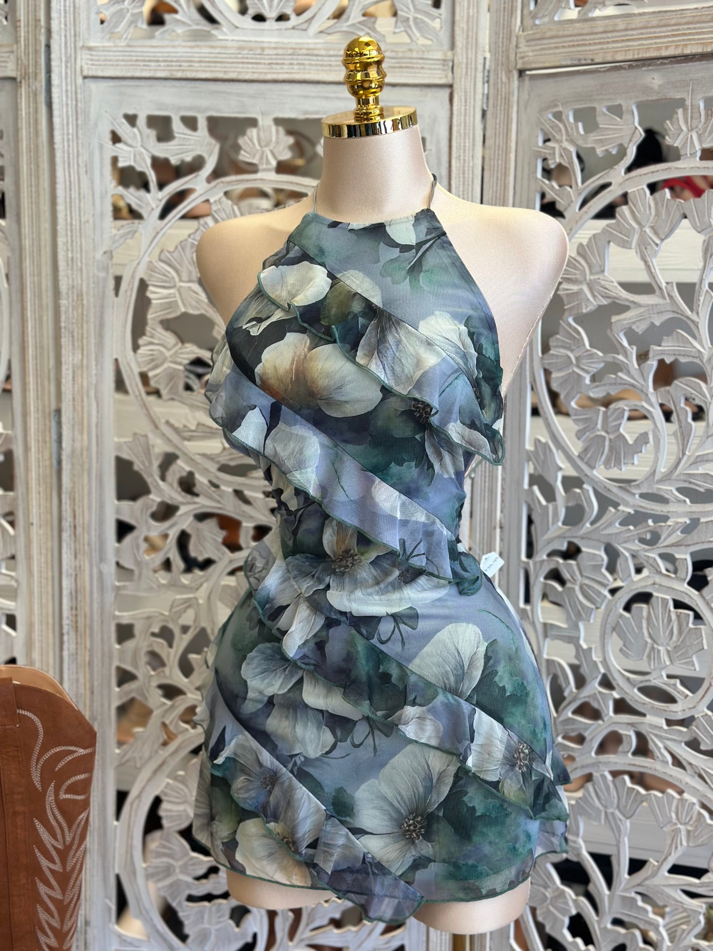 Ruffle Floral Pattern Mini Backless Dress- Stretchy, Estira