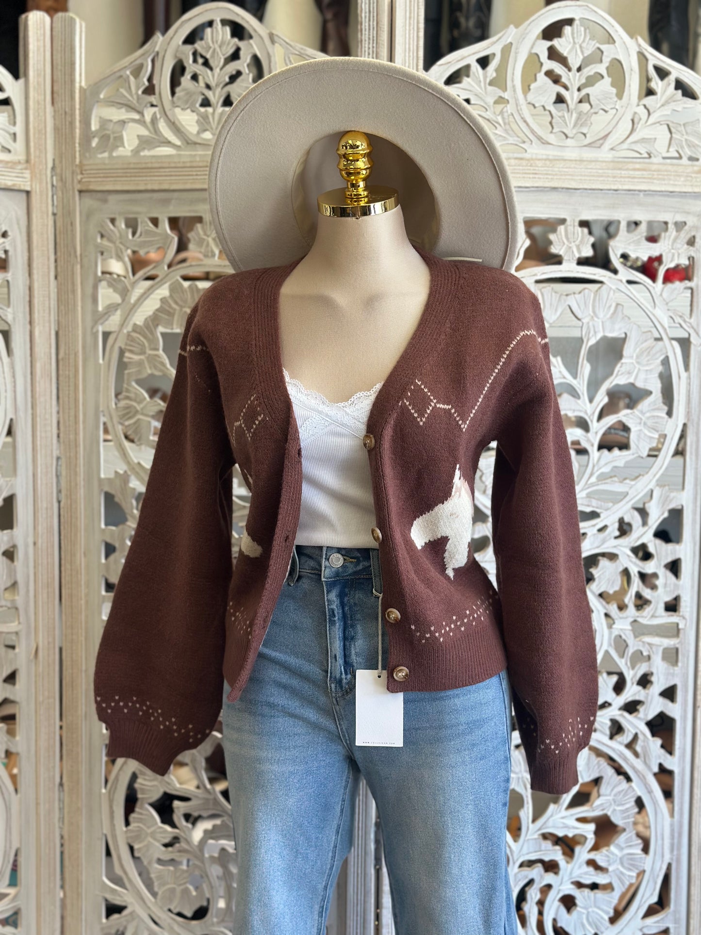 Brown Horse Print Knit Cardigan
