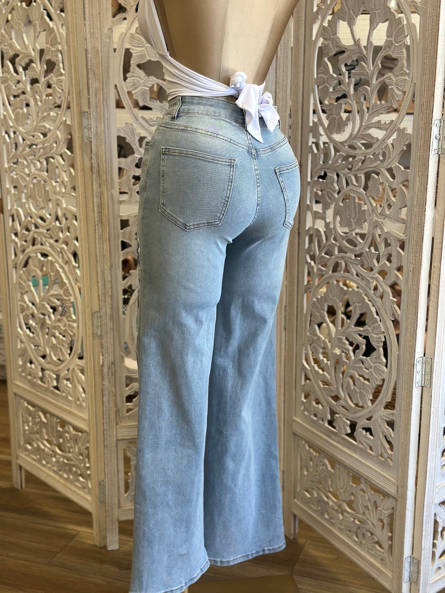 Sequin Floral Denim Wide Jeans - Stretchy, Estira
