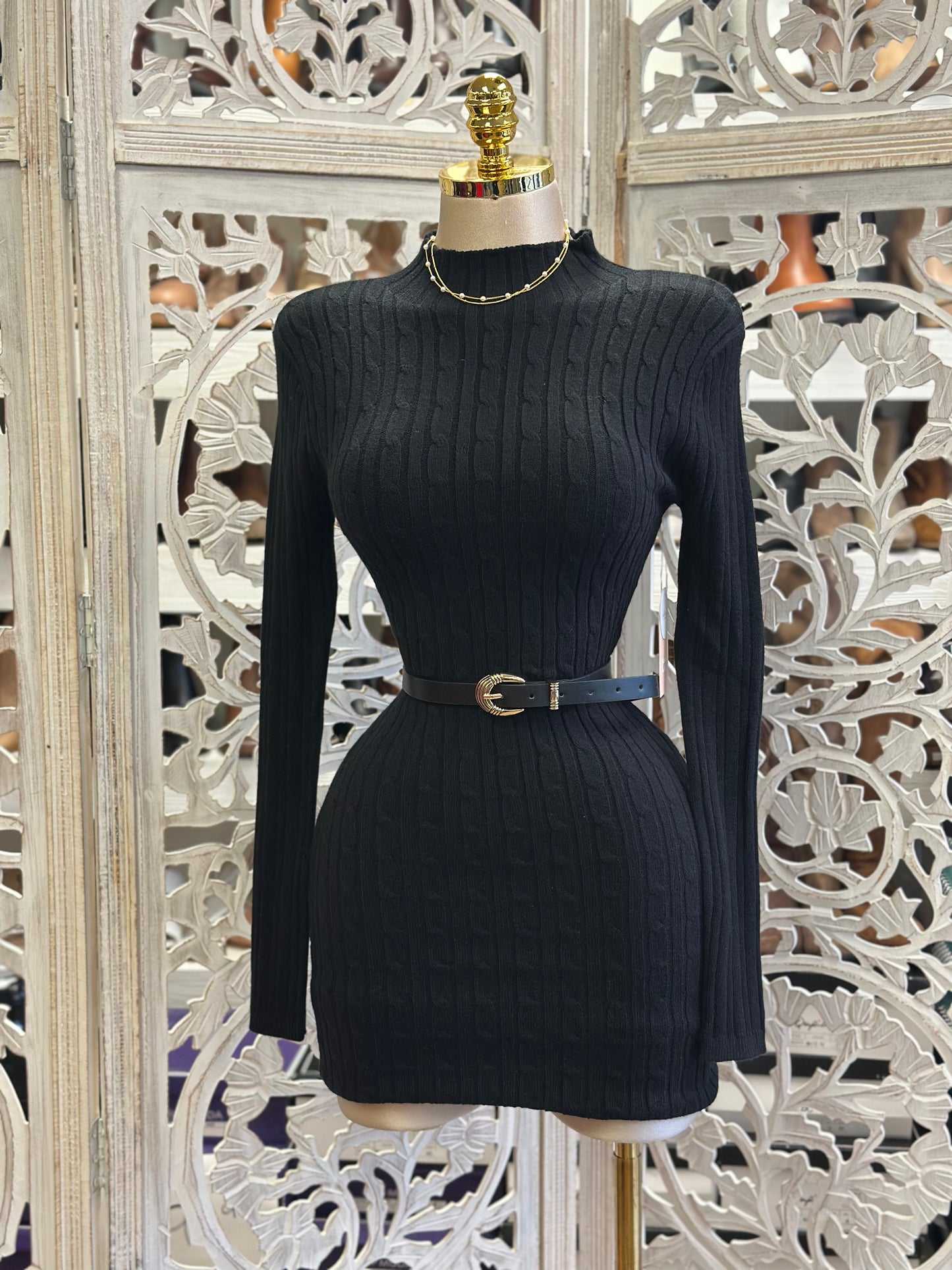 Black Cable Knit Sweater Mini Dress- Stretchy,Estira