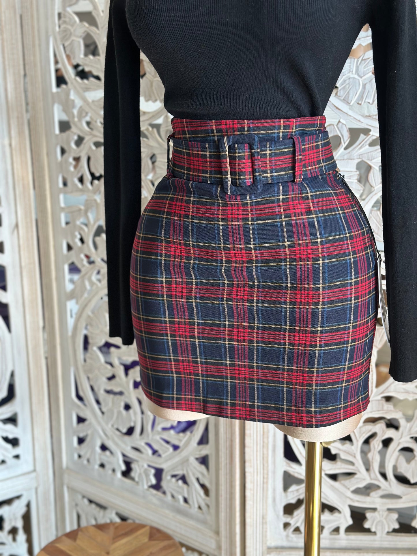 Red plaid Mini Skirt with Thick Belt