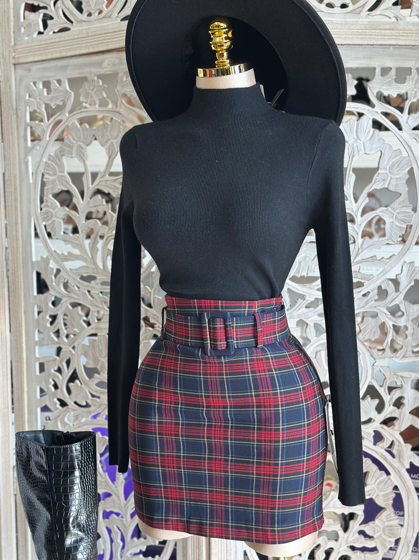 Red plaid Mini Skirt with Thick Belt