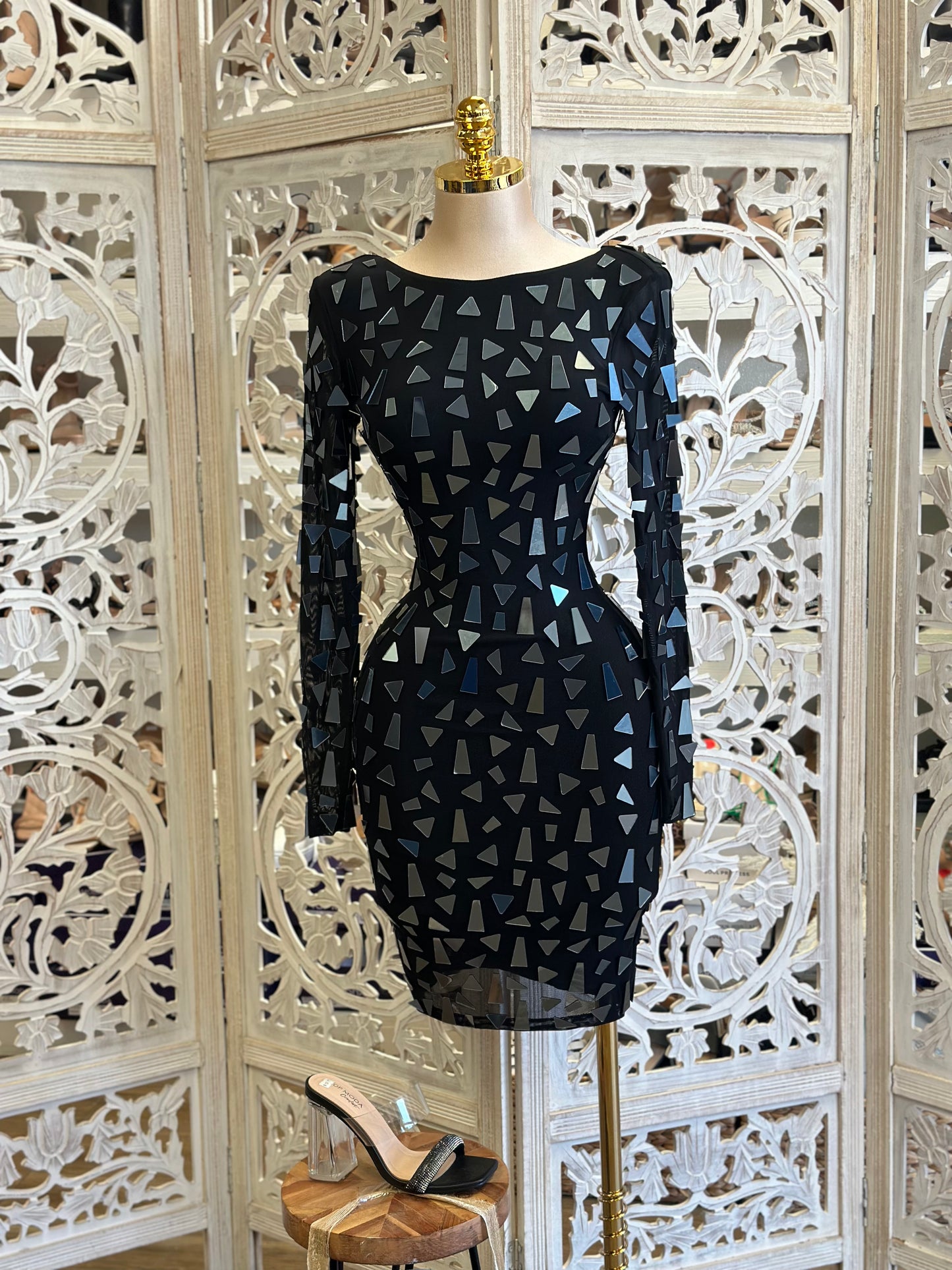 Black Scoop Neck Triangle Sequin Dress- Stretchy, Estira