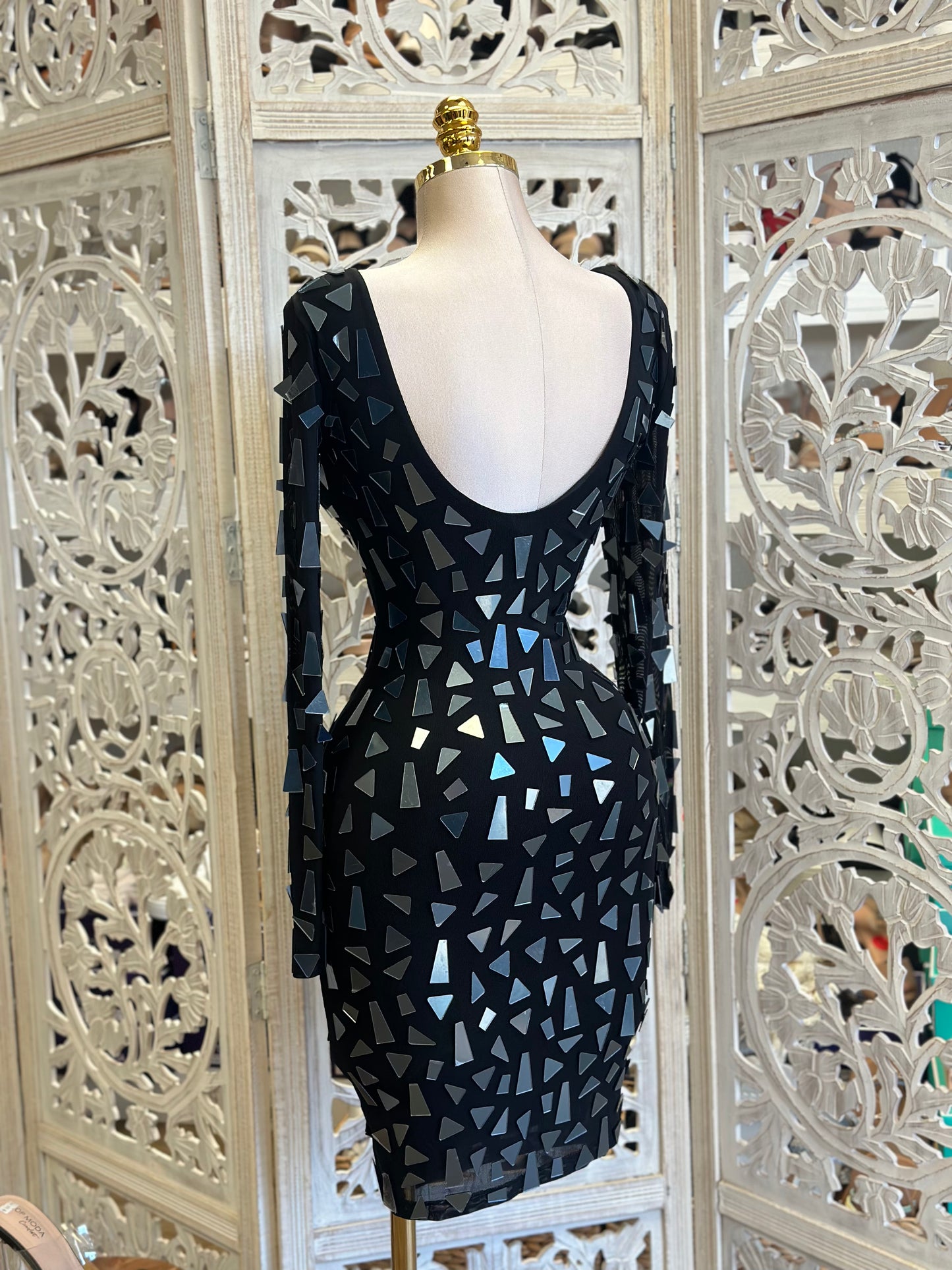 Black Scoop Neck Triangle Sequin Dress- Stretchy, Estira