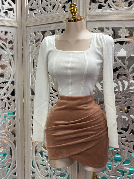 Brown Suede Draped Mini Skirt