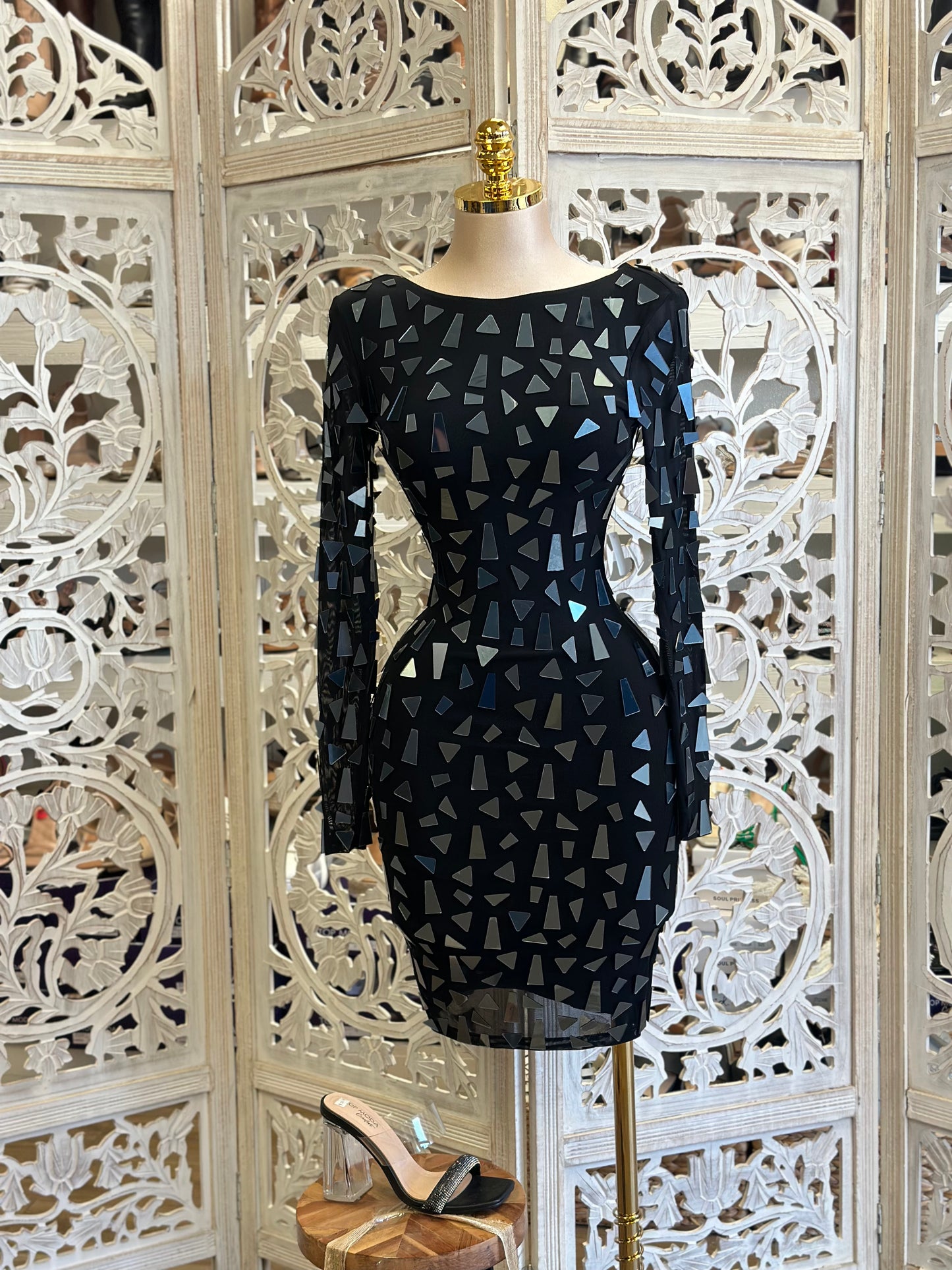 Black Scoop Neck Triangle Sequin Dress- Stretchy, Estira