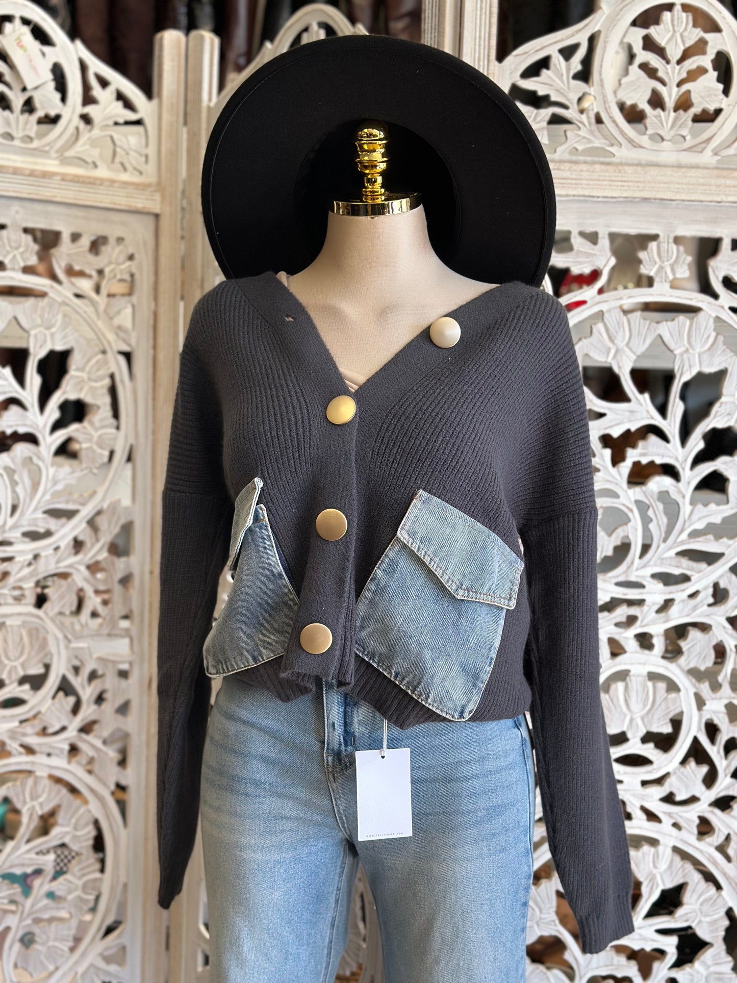 Denim Patchwork Gold Button Up Cardigan