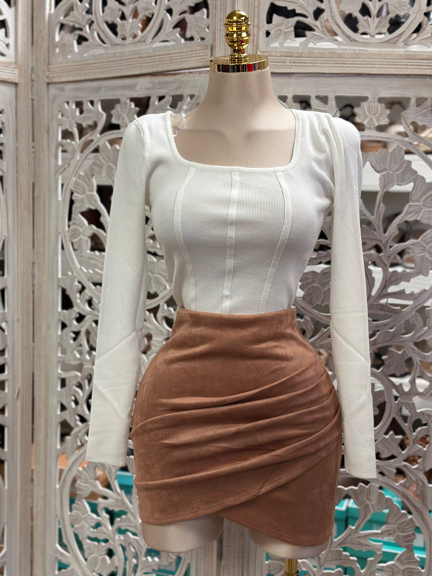 Brown Suede Draped Mini Skirt