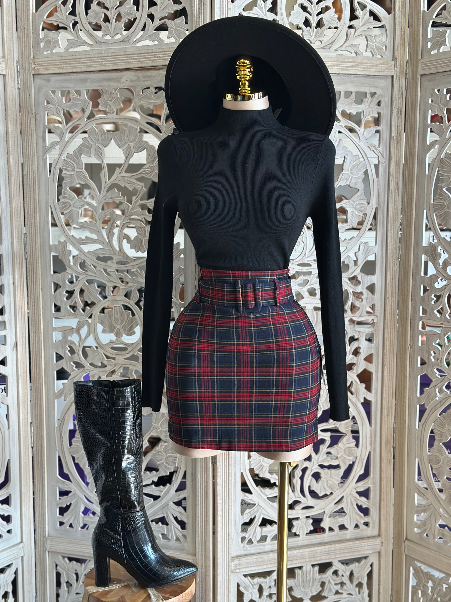 Red plaid Mini Skirt with Thick Belt