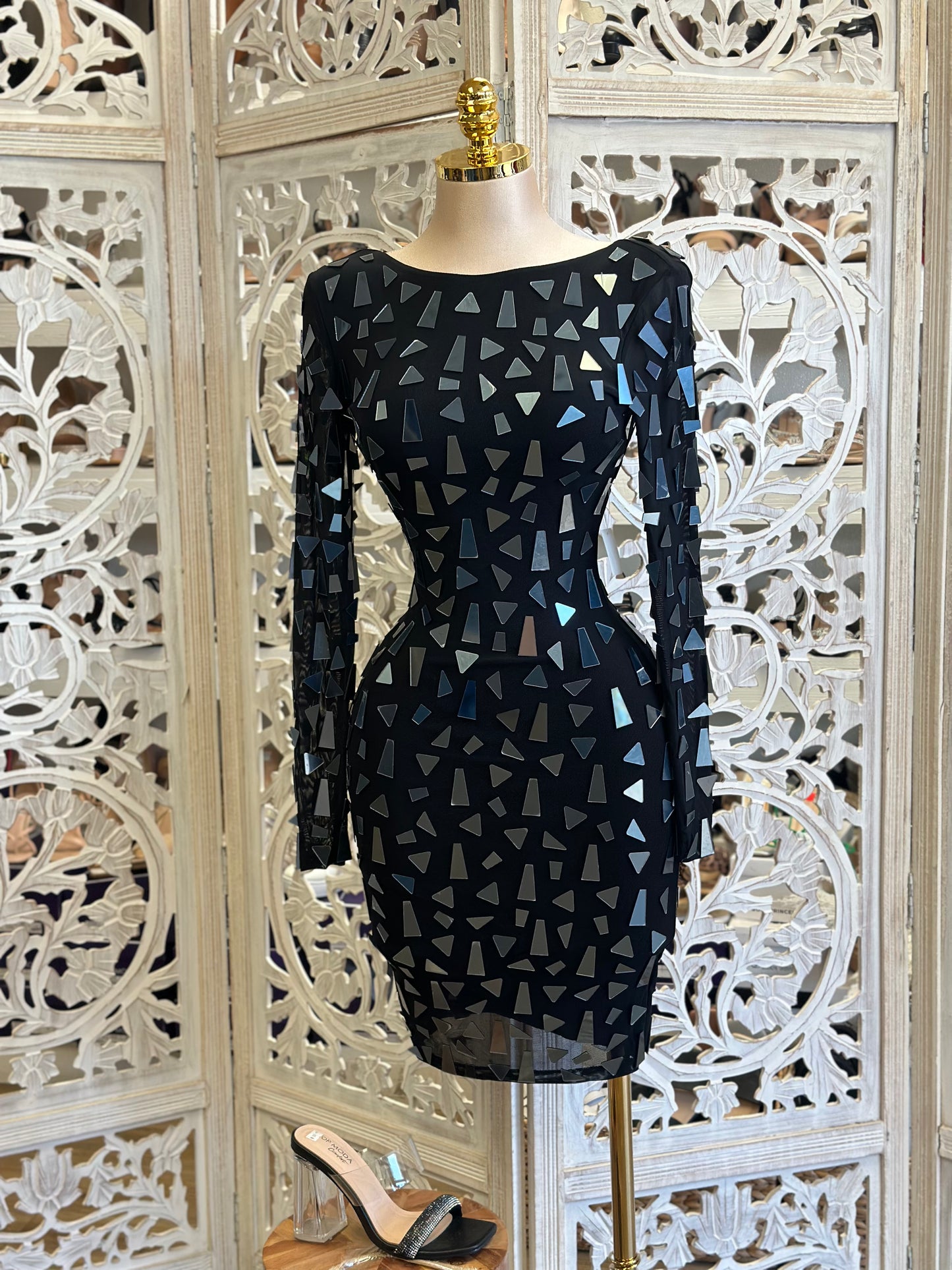 Black Scoop Neck Triangle Sequin Dress- Stretchy, Estira