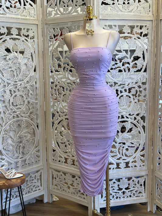 Lavender Pearl Body Con Dress- Stretchy, Estira
