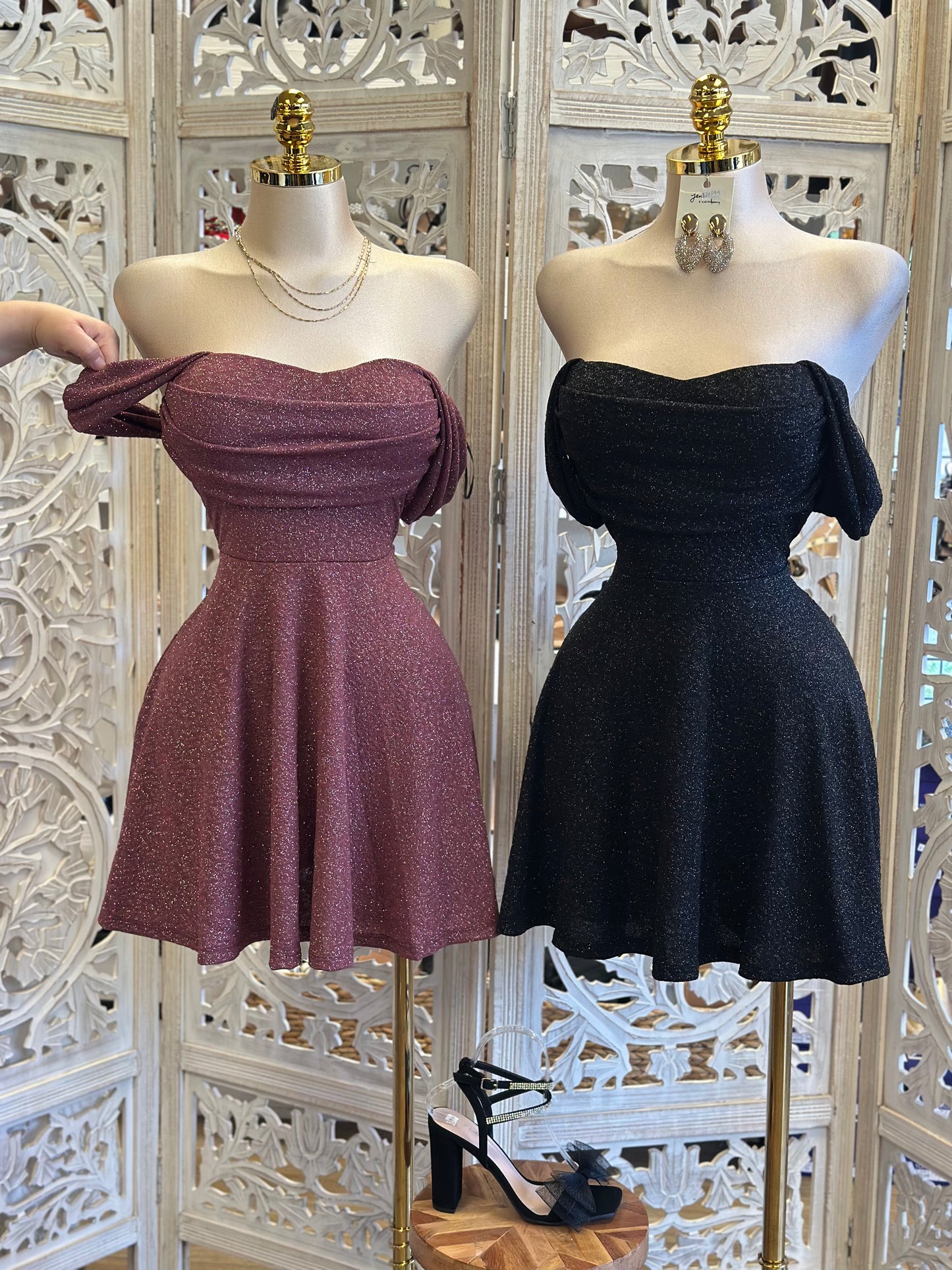 Glitter Off Shpulder Flowy Dress-Stretchy ,Estira