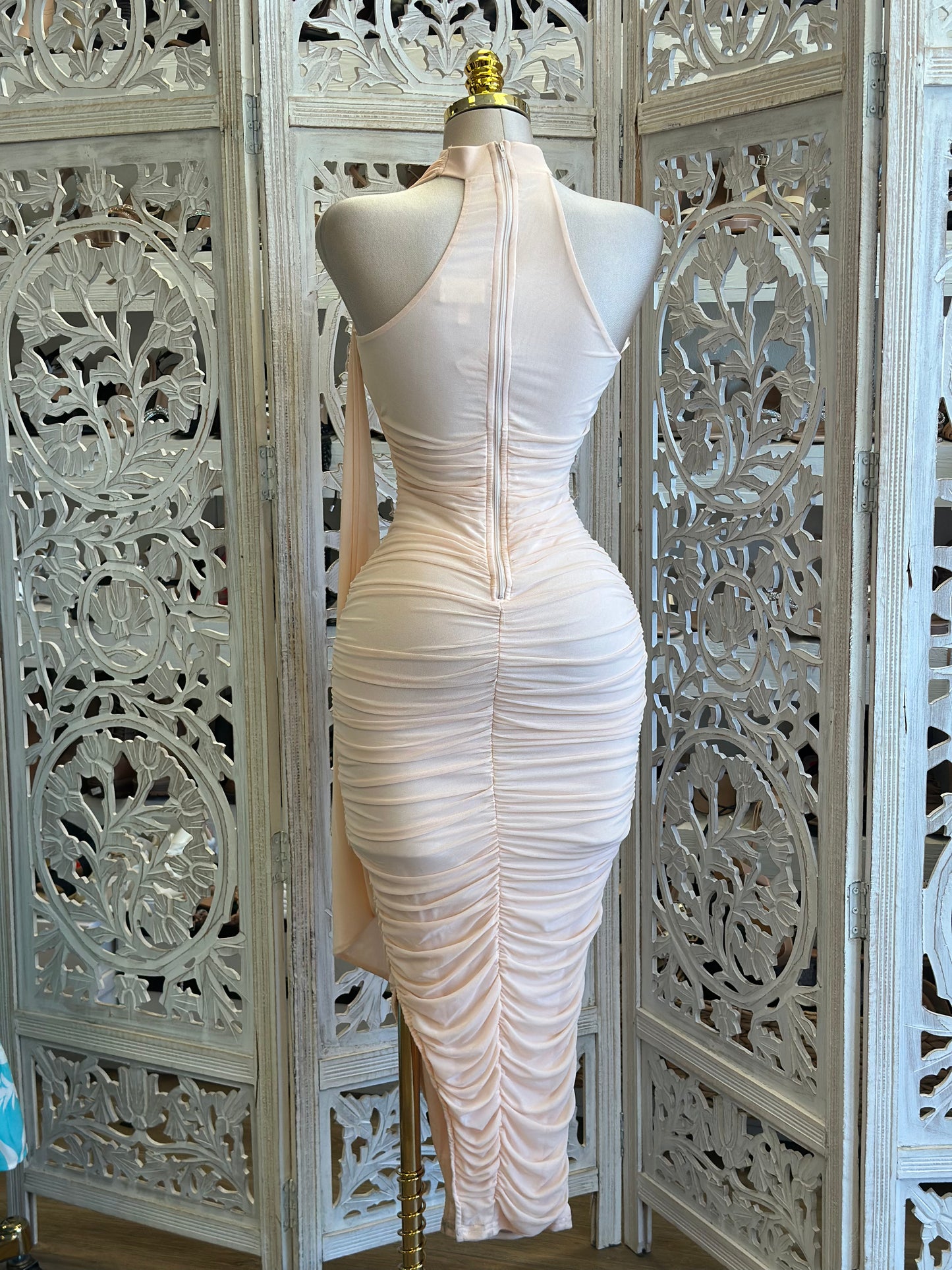 Nude Scarfed Ruched Dress - Estira, Stretchy