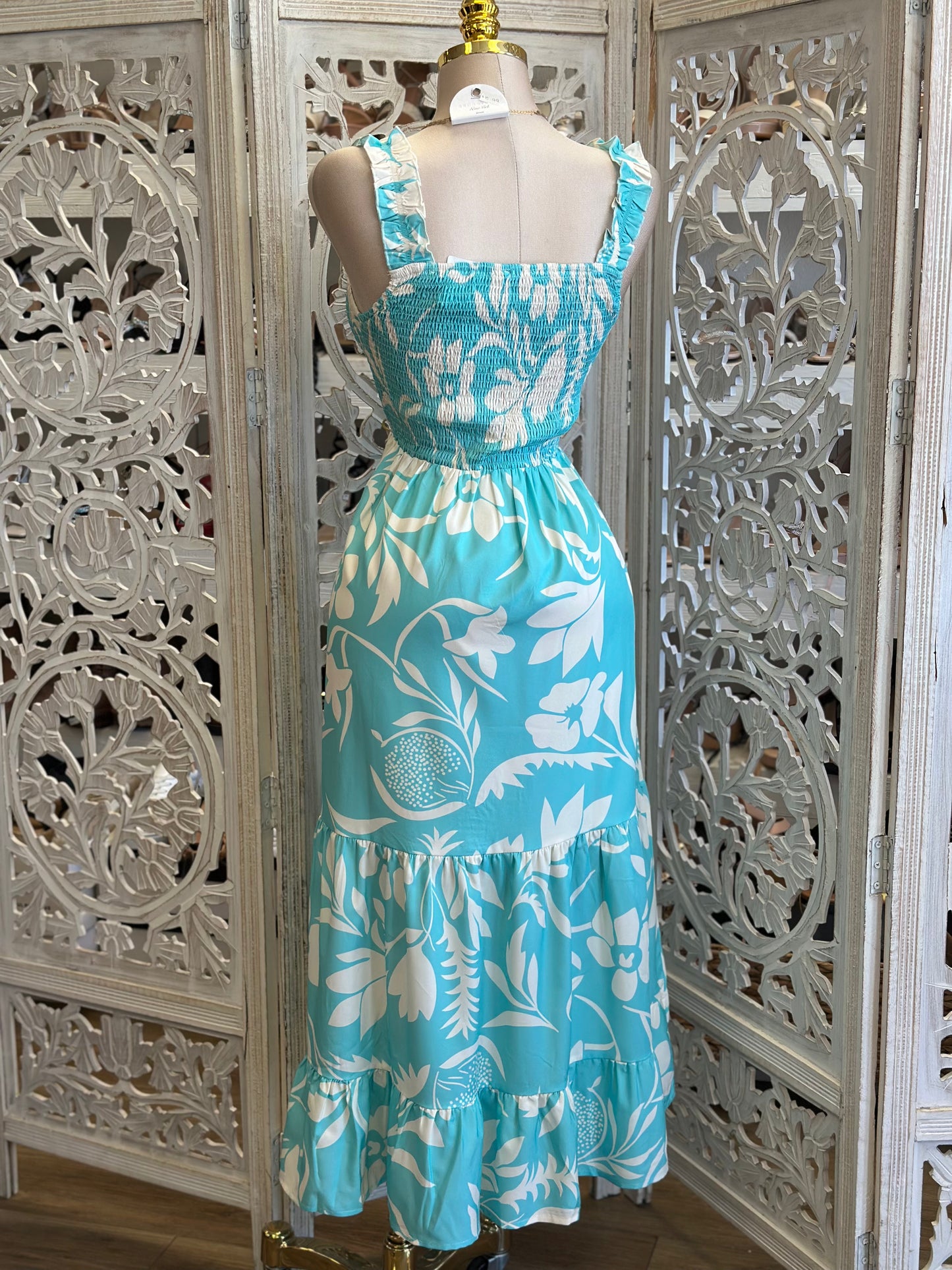 Bright Turquoise Maxi Floral Dress- Stretchy, Estira