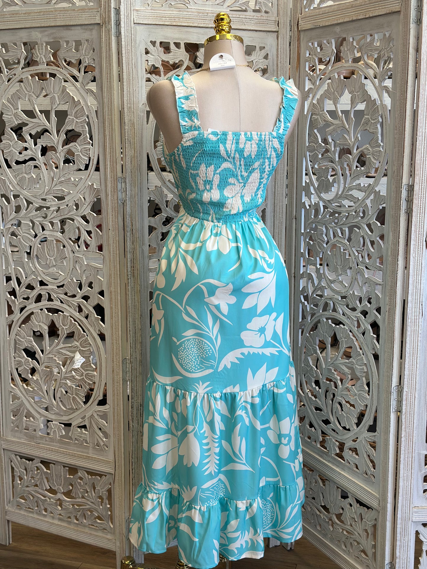 Bright Turquoise Maxi Floral Dress- Stretchy, Estira