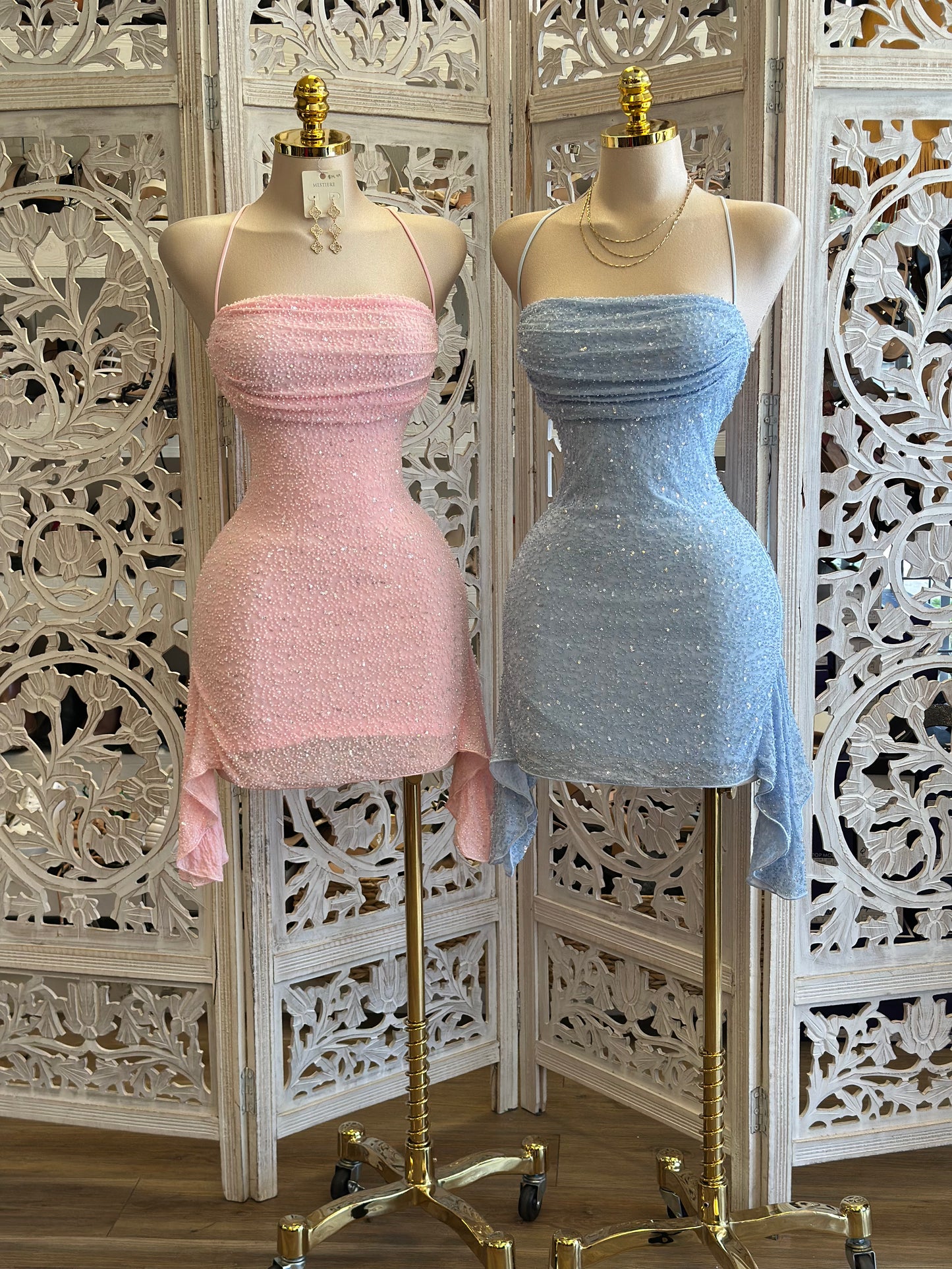 Open Back Embellished Mini Dress- Stretchy, Estira