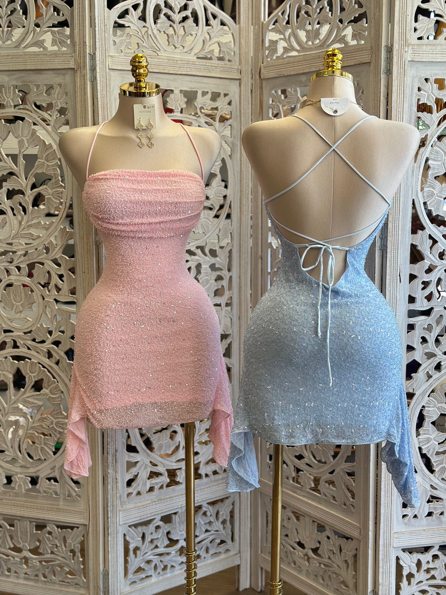 Open Back Embellished Mini Dress- Stretchy, Estira