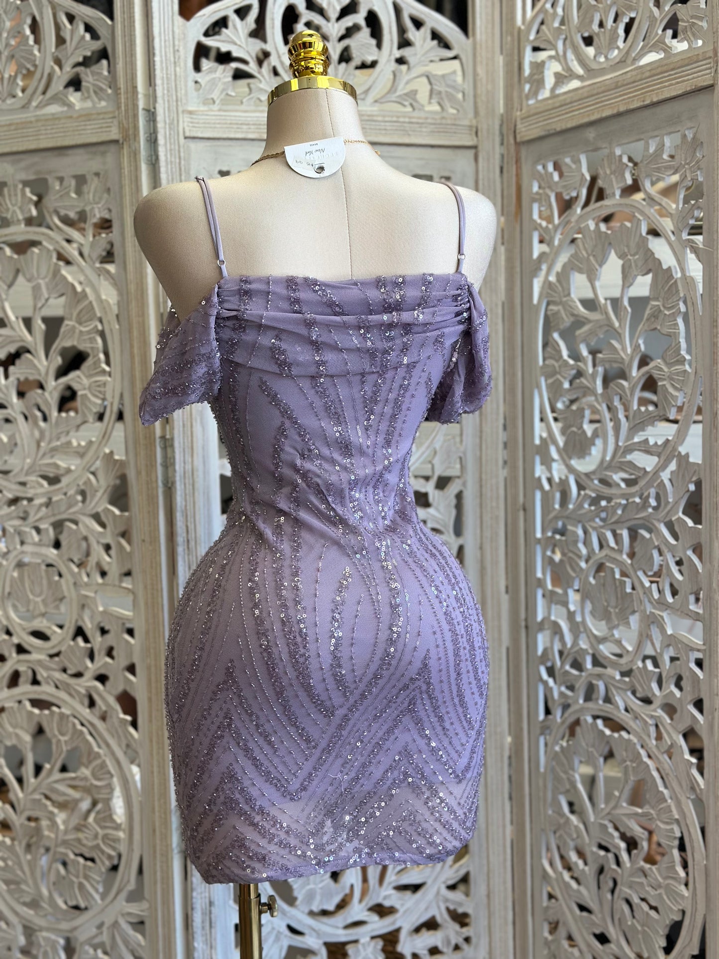 Purple Rhinestone Pattern Off Shoulder Mini Dress - Estira, Stretchy