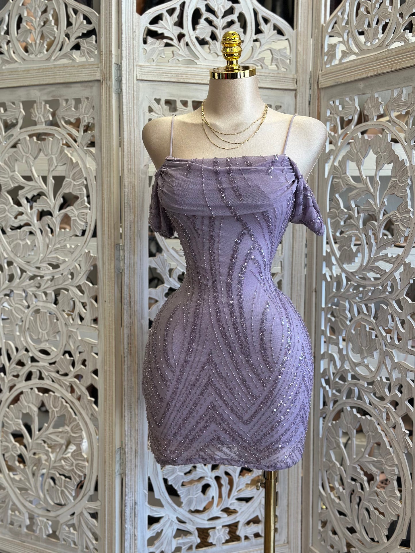 Purple Rhinestone Pattern Off Shoulder Mini Dress - Estira, Stretchy