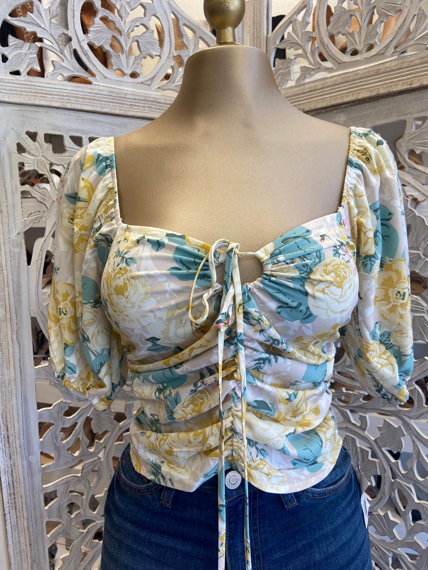 Turquoise Scoop Back Floral Blouse