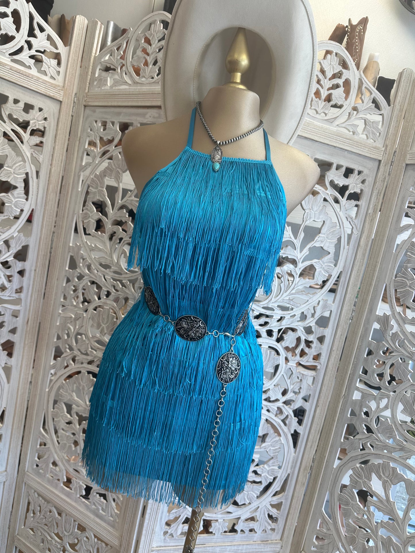 True Blue Halter Fringe Dress