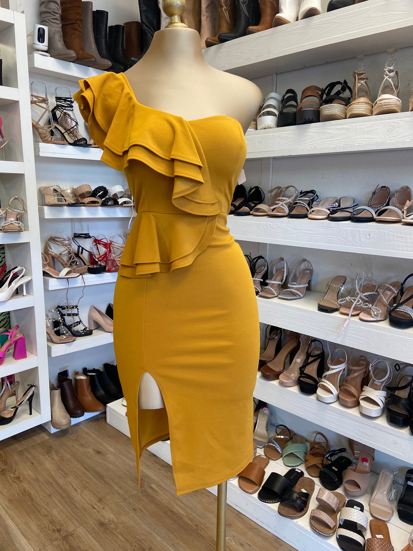 Yellow Ruffle Slit Dress