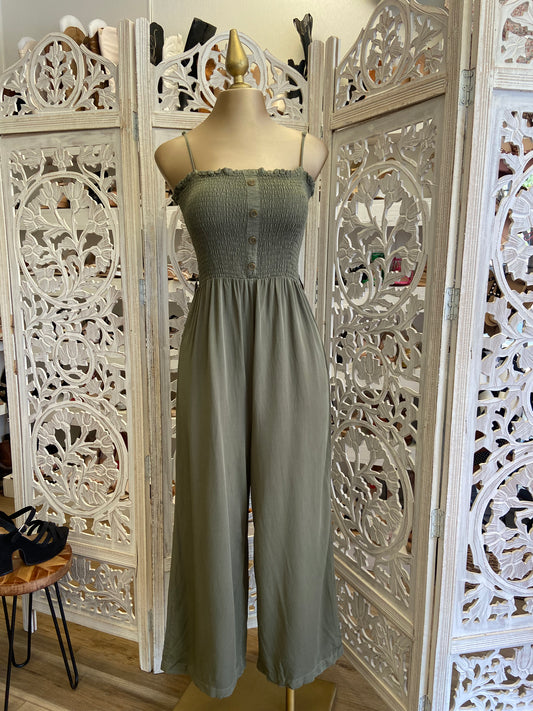 Smocked Olive Button Jumpsuit