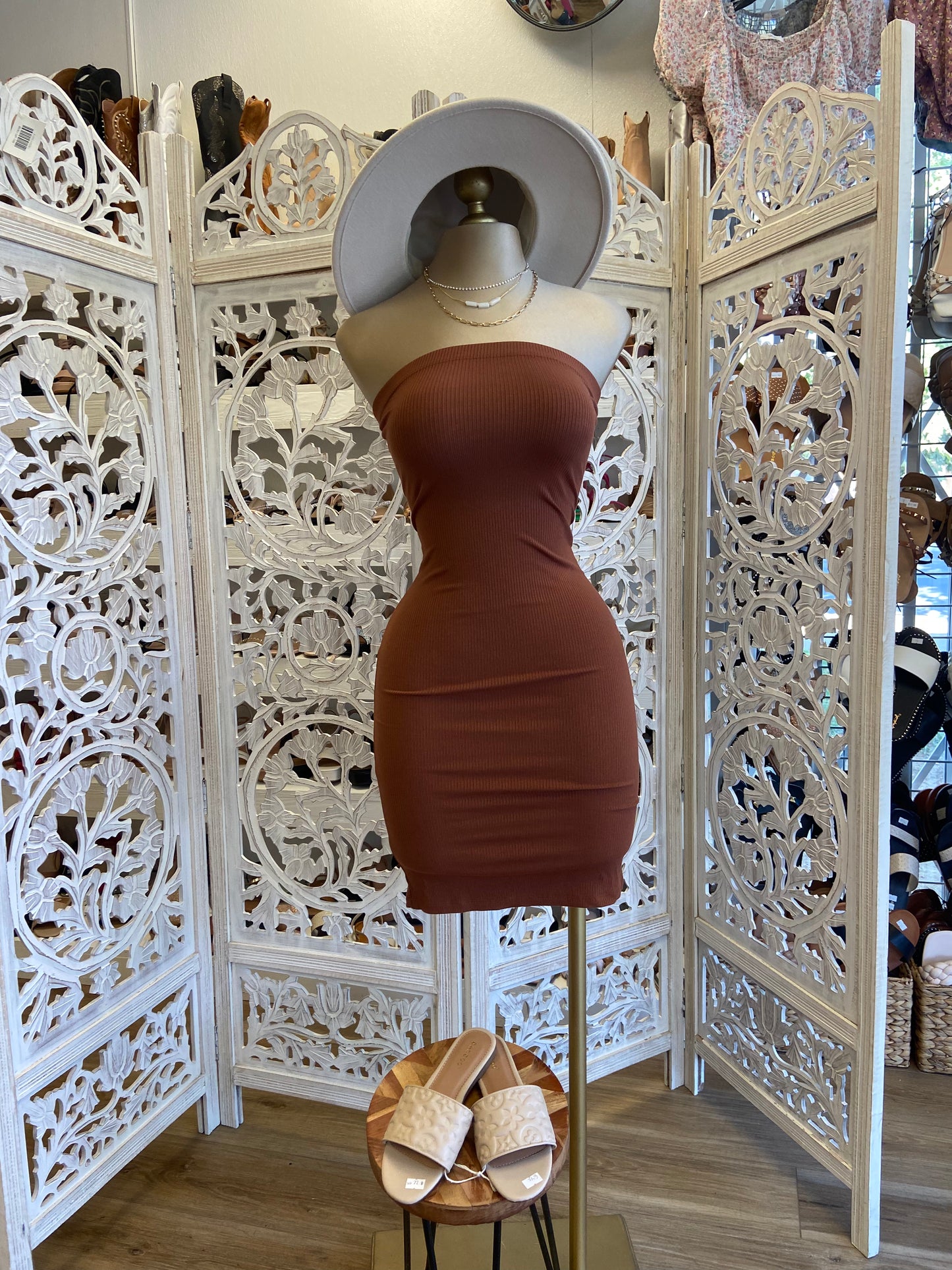 Brown Ribbed Strapless Dress