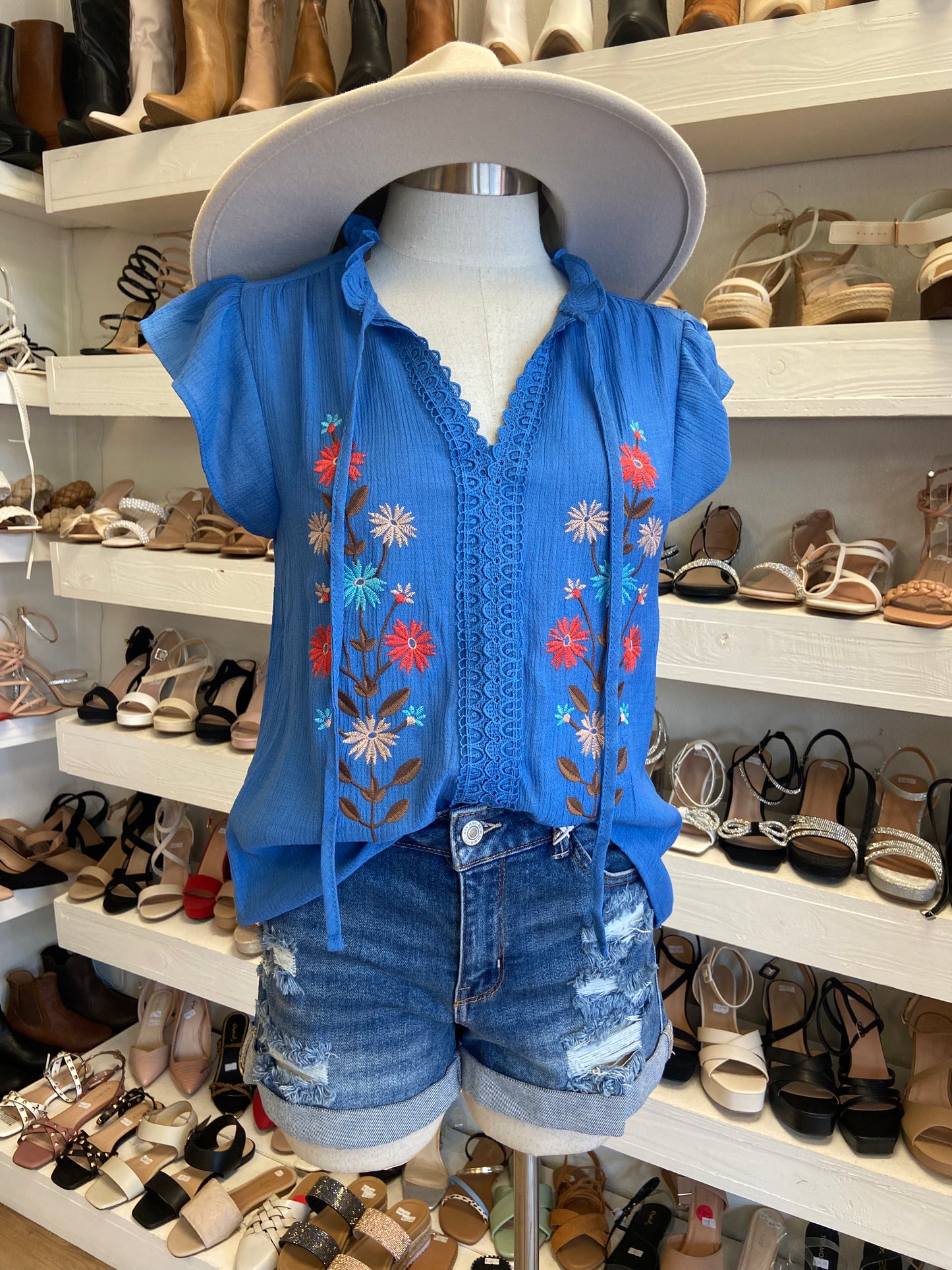 Lace Trim Blue Embroidered Blouse