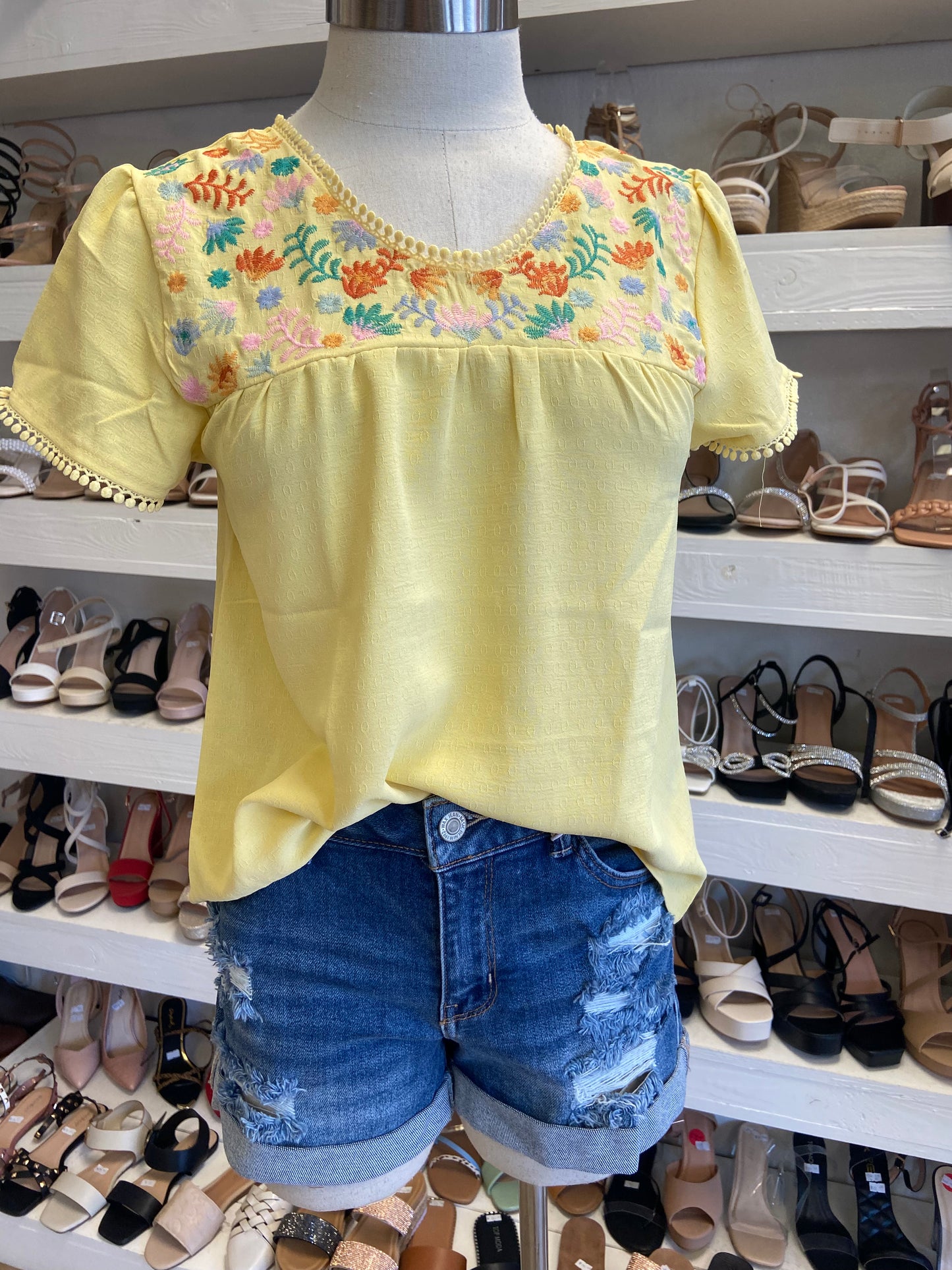 Yellow Embroidered Short Sleeve Top