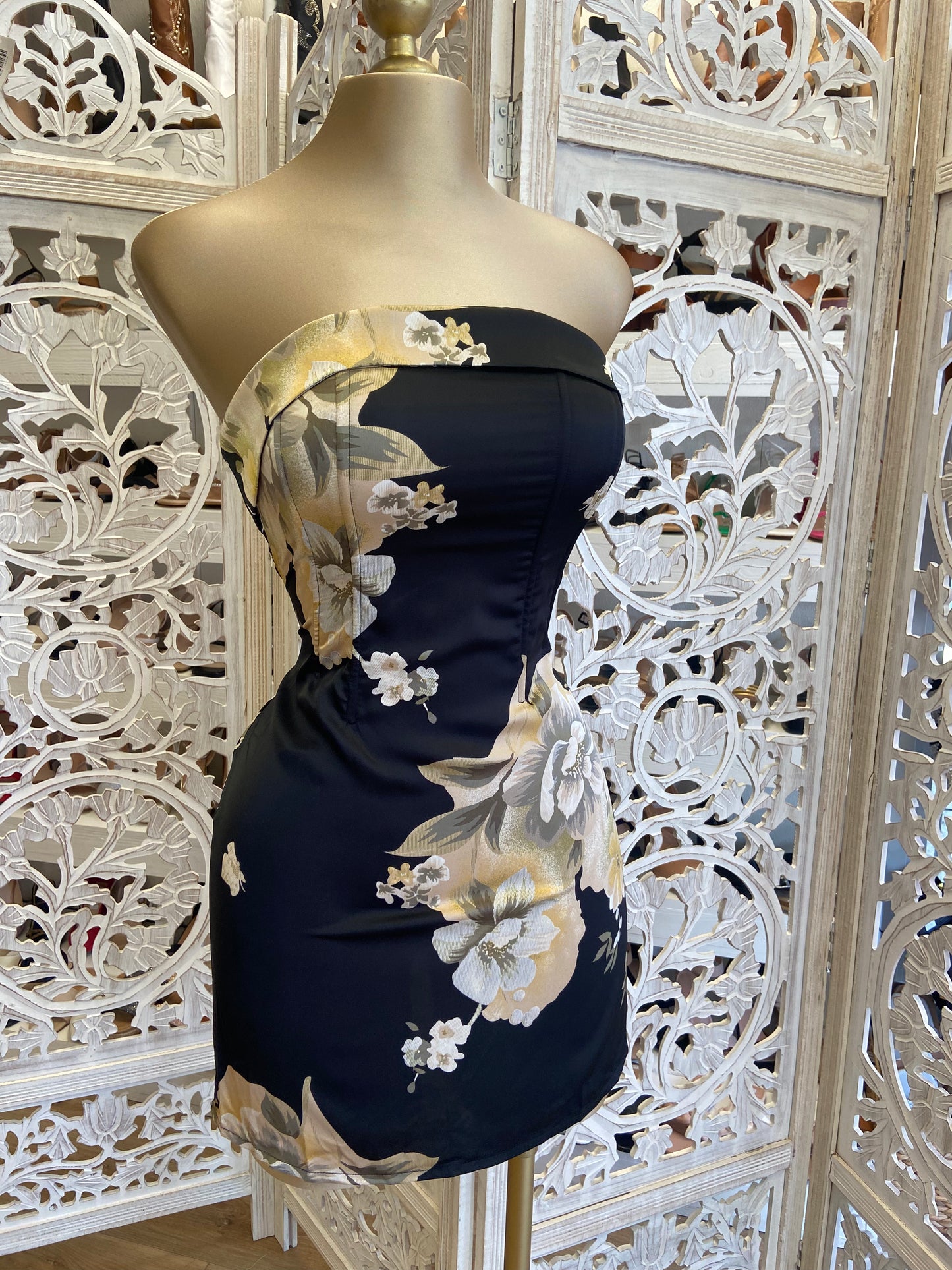 Strapless Satin Floral Mini Dress