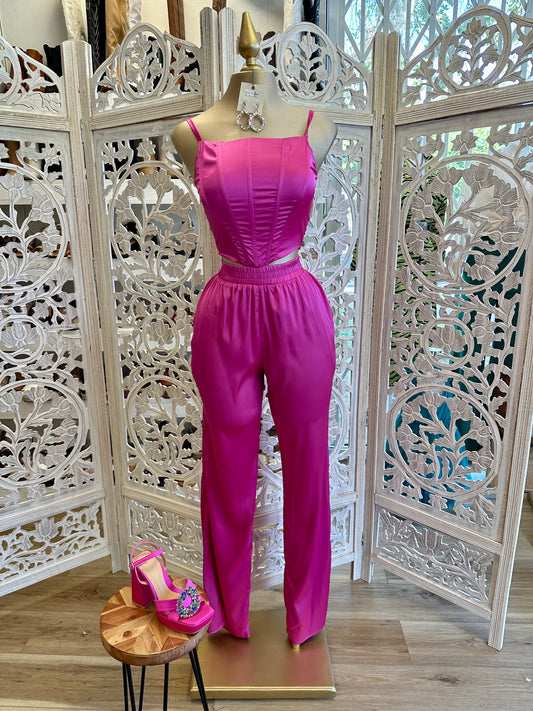 Hot Pink Satin Corset Set