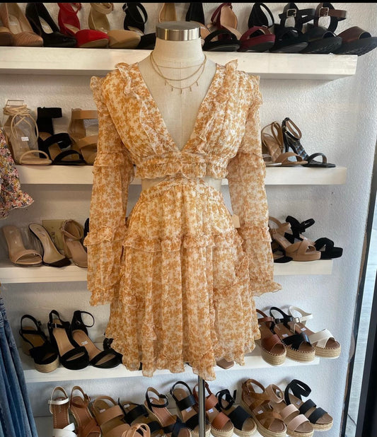 Mustard Floral Cutout Dress