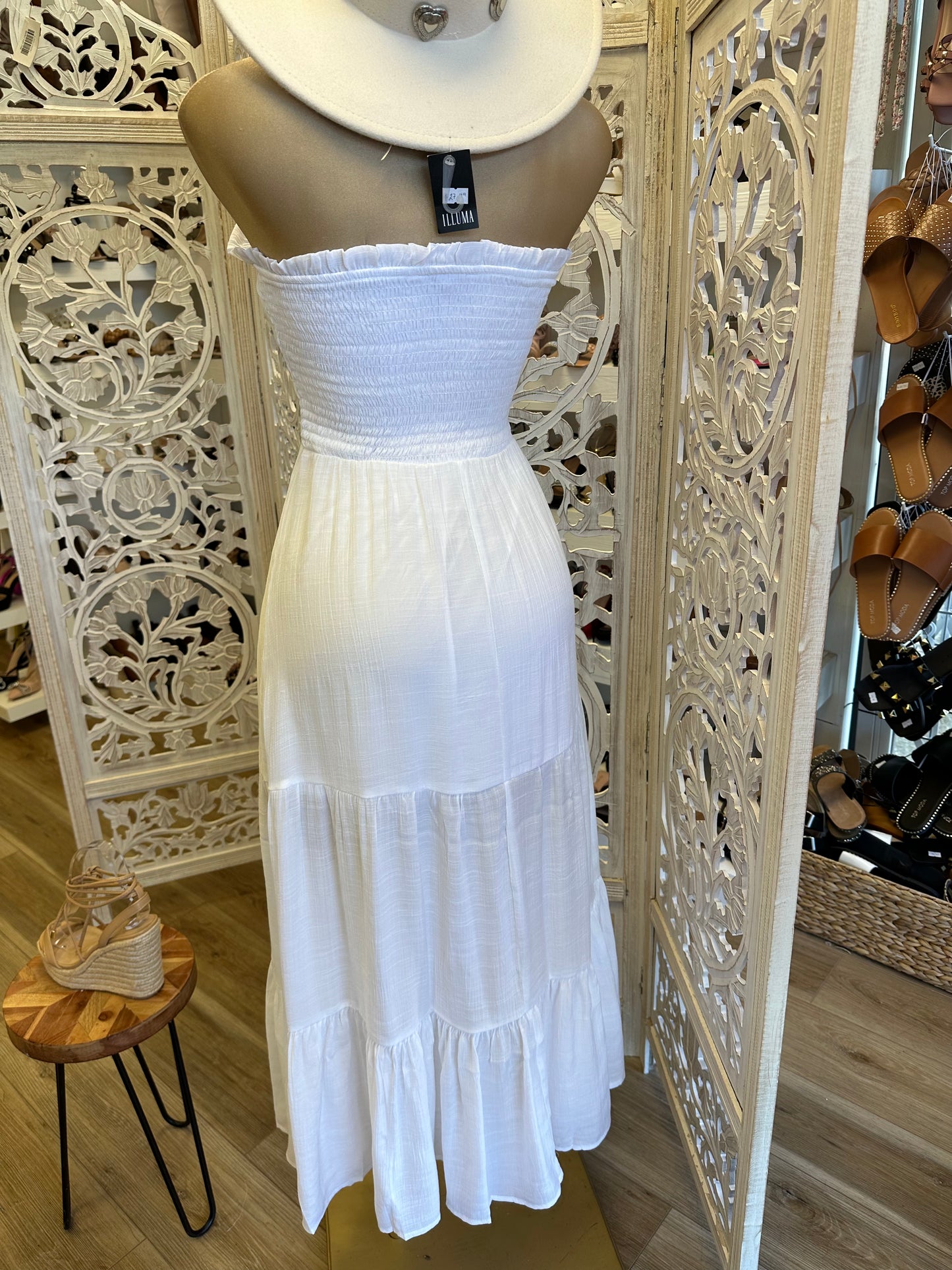 White Strapless Smocked Midi Dress