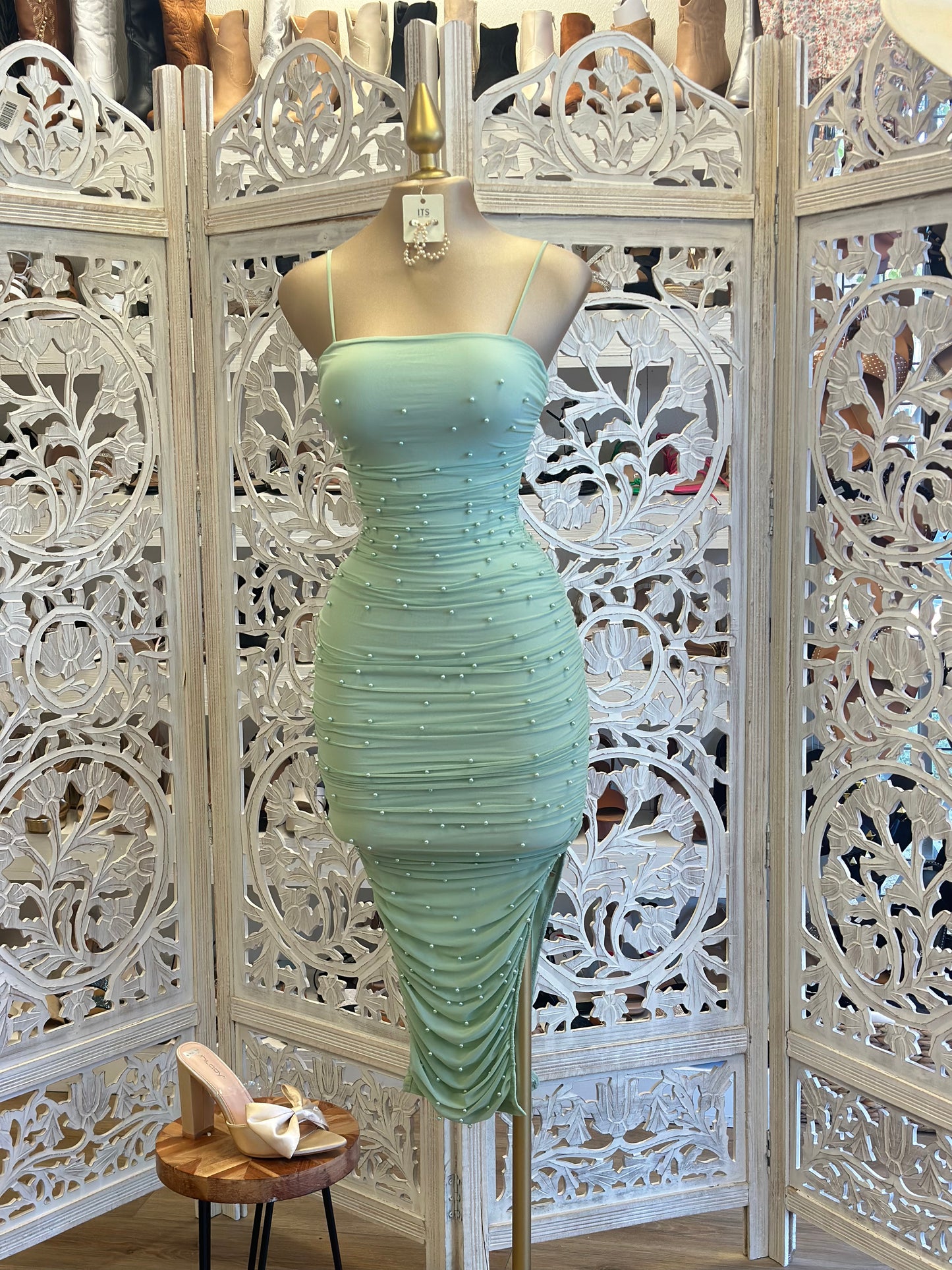 Green Pearl Detail Dress