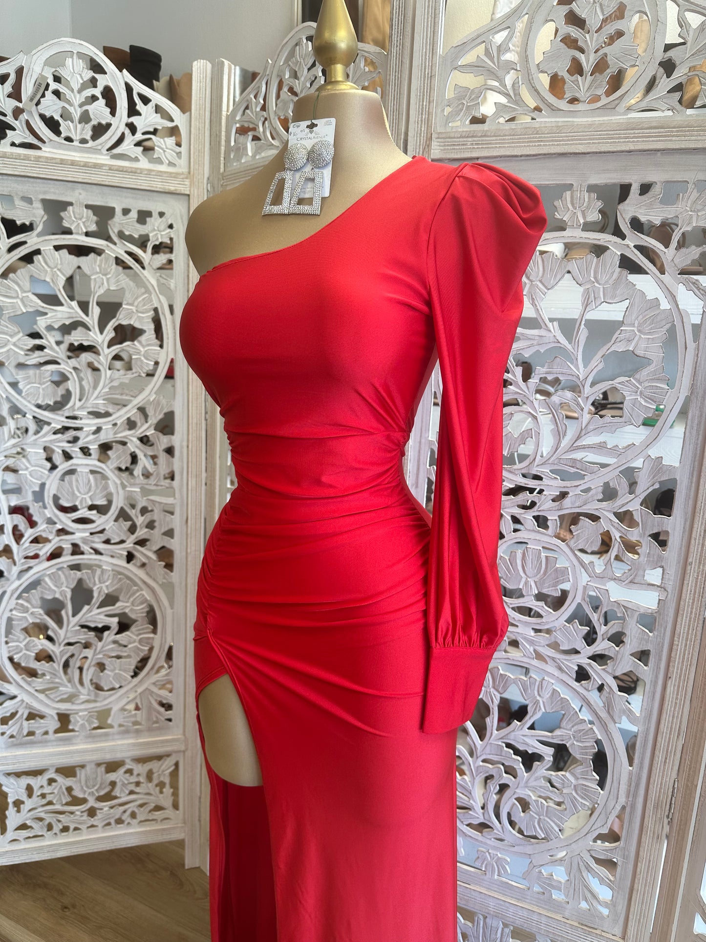 Red Puff Sleeve Formal Dress