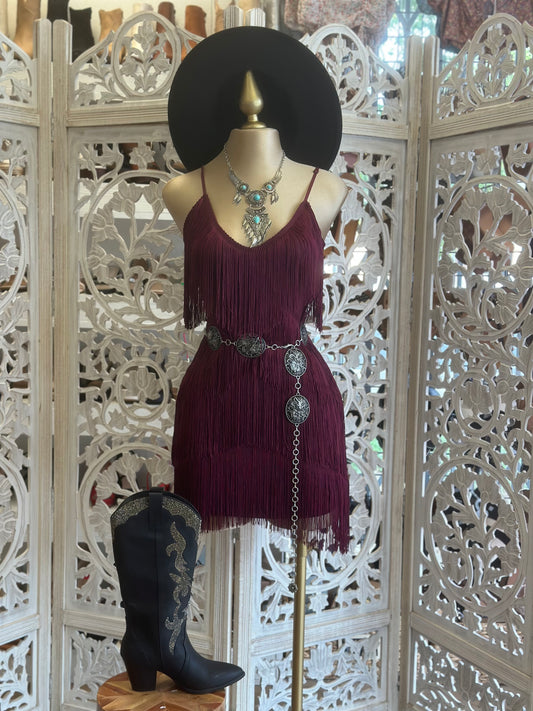 Burgundy Strappy Fringe Dress