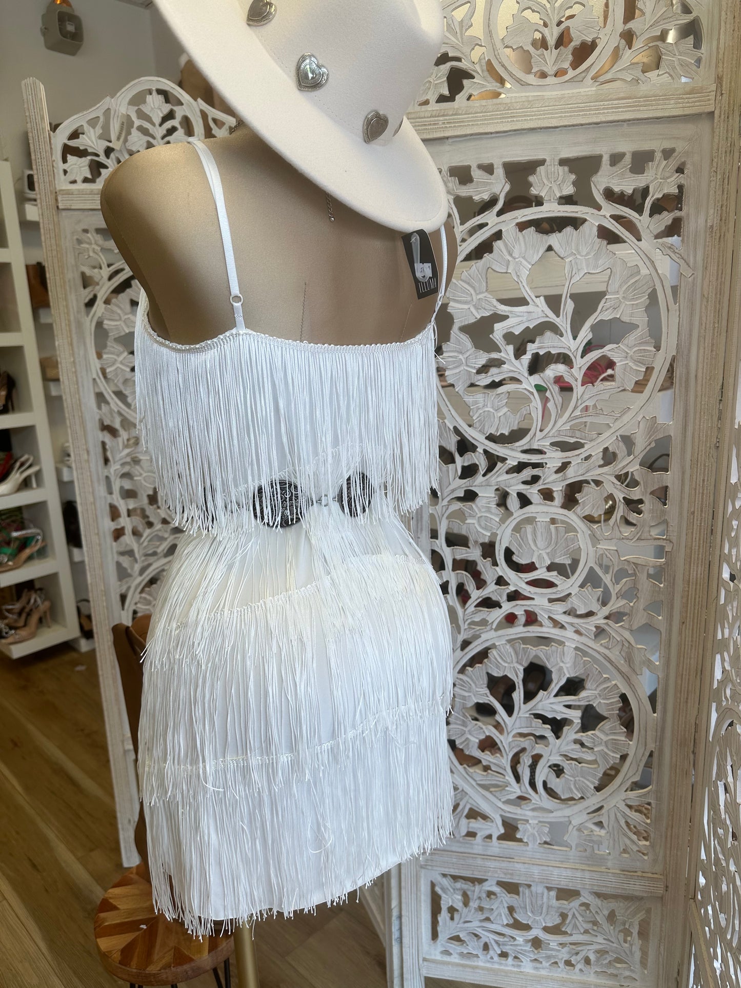 White Strappy Fringe Dress