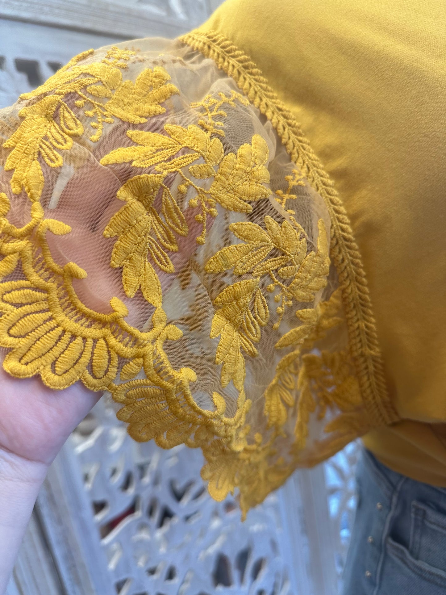 Mustard Lace Sleeve Graphic Top