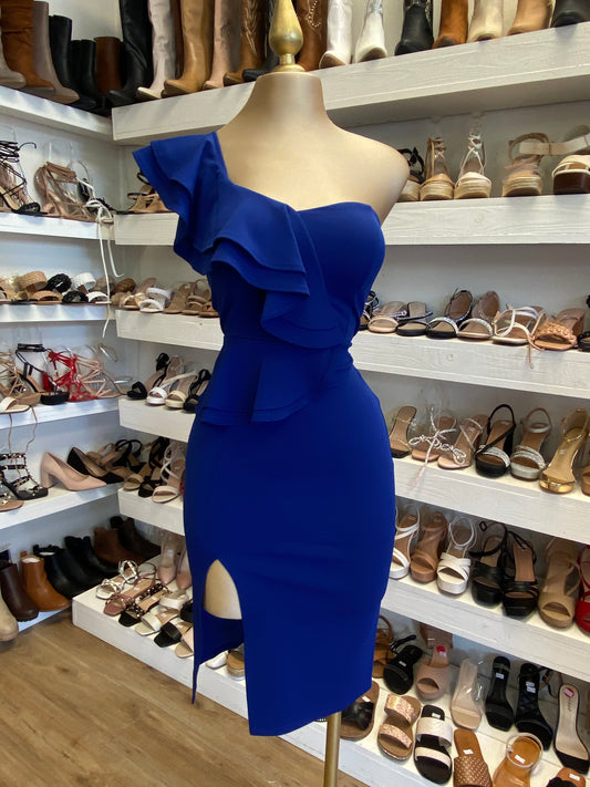 Blue Ruffle Slit Dress