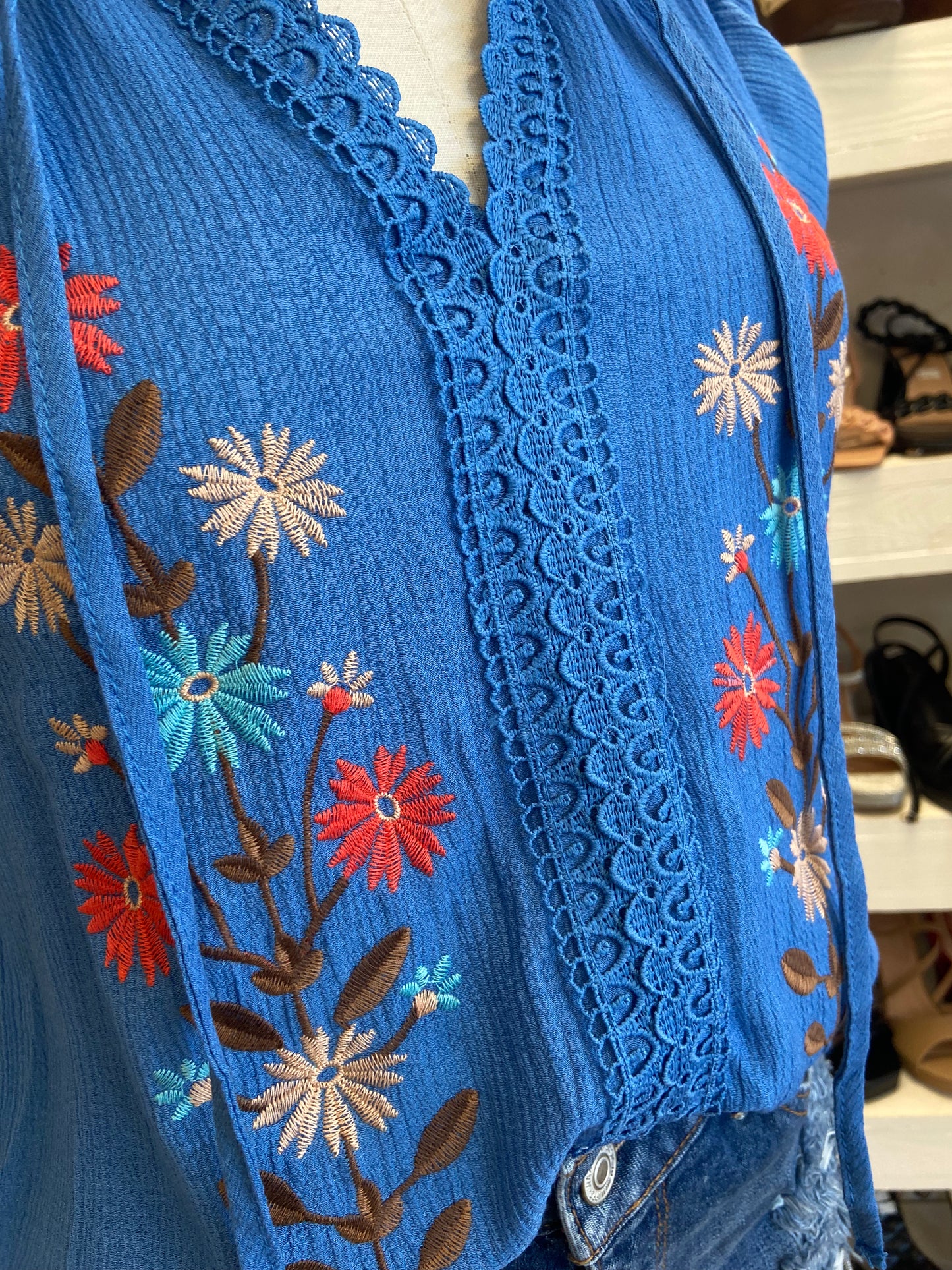 Lace Trim Blue Embroidered Blouse