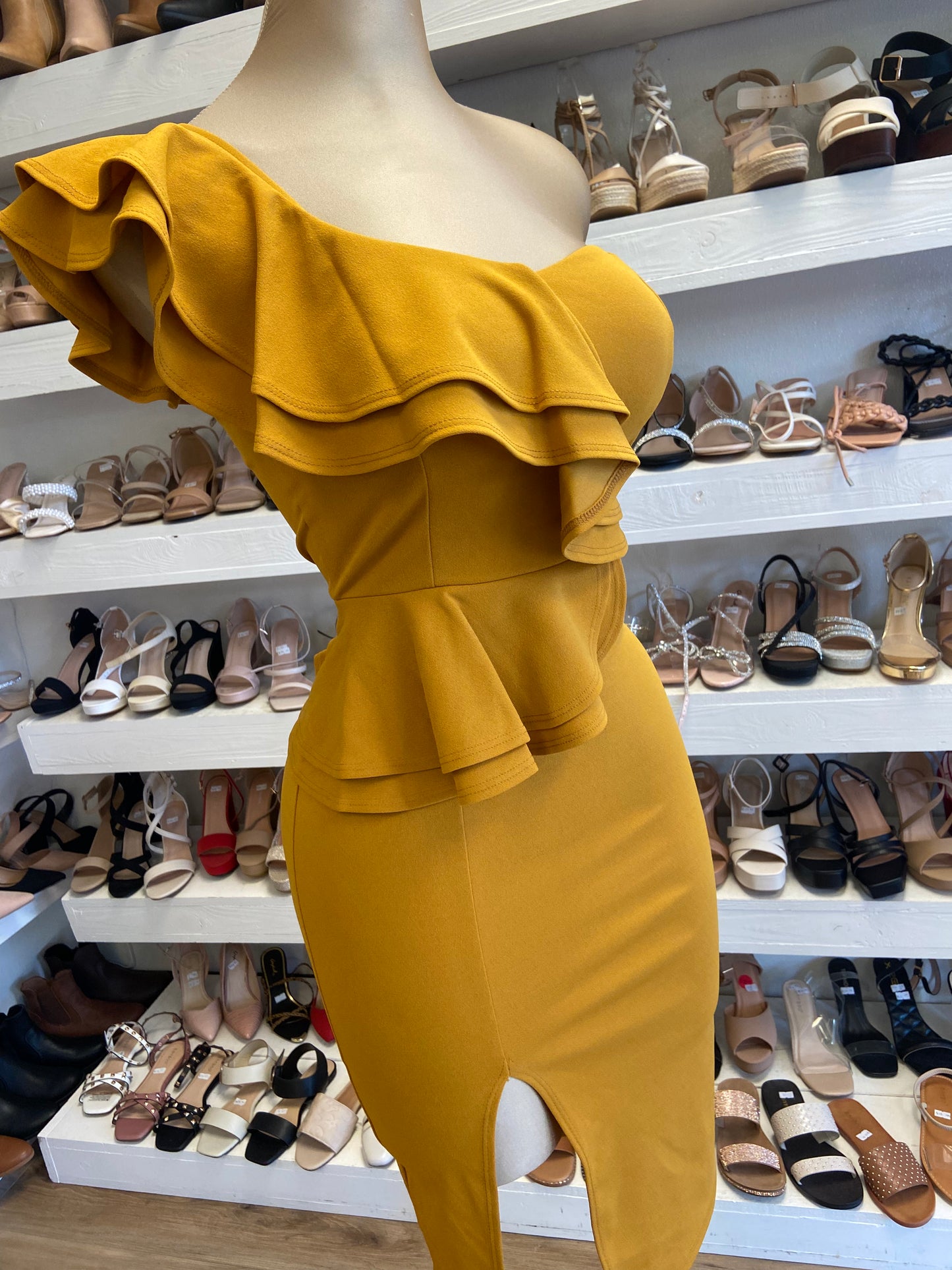 Yellow Ruffle Slit Dress