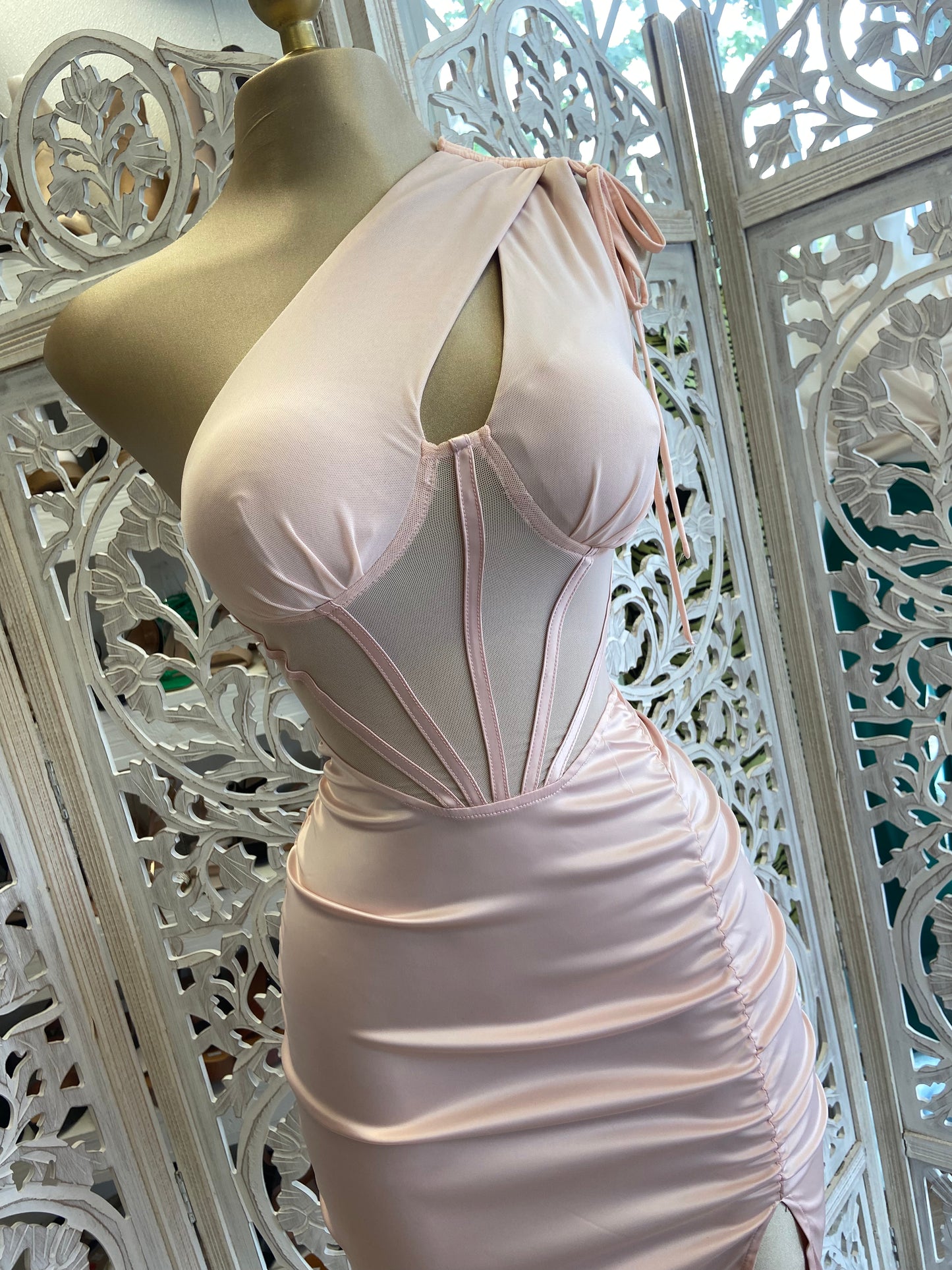 Baby Pink Satin Midi Cutout Dress