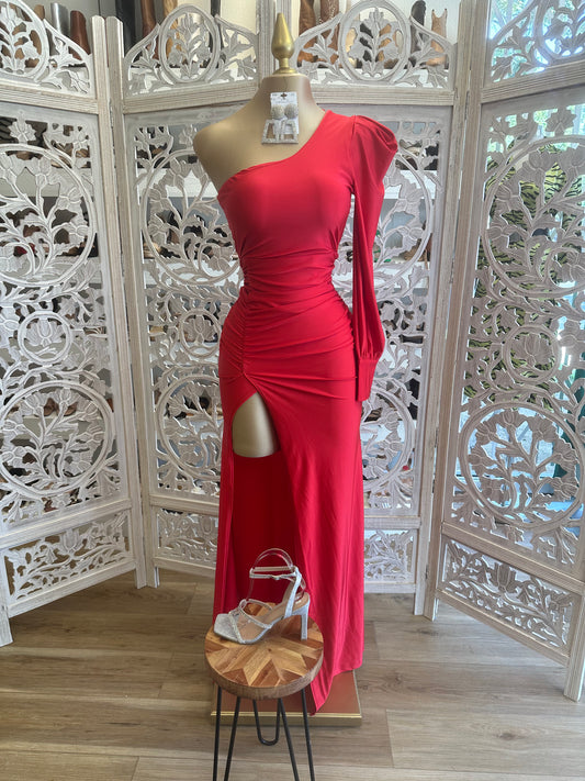 Red Puff Sleeve Formal Dress