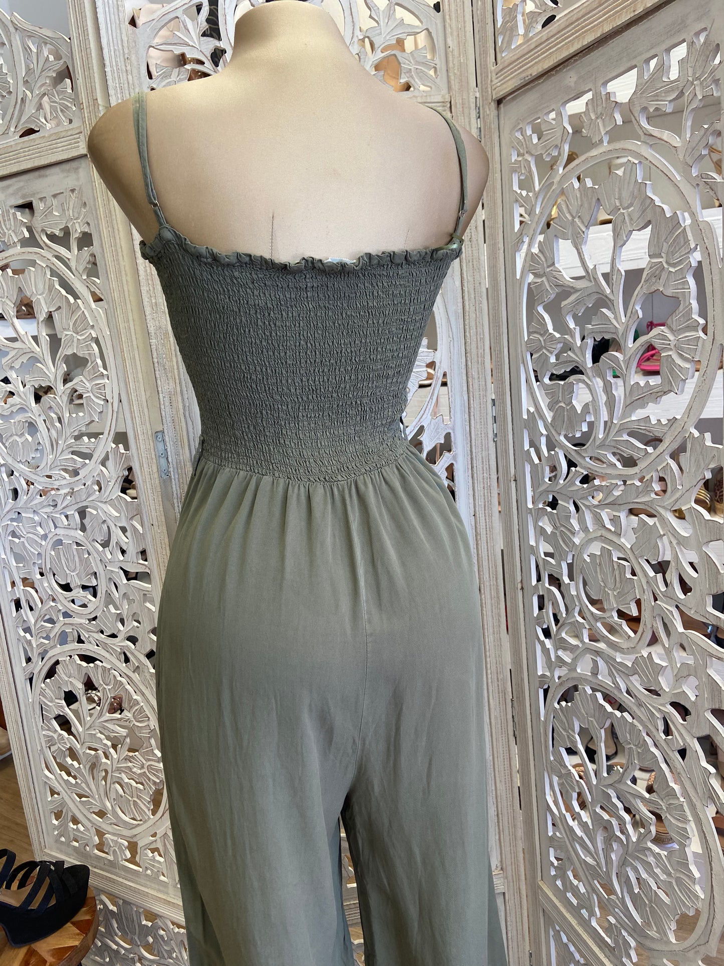 Smocked Olive Button Jumpsuit