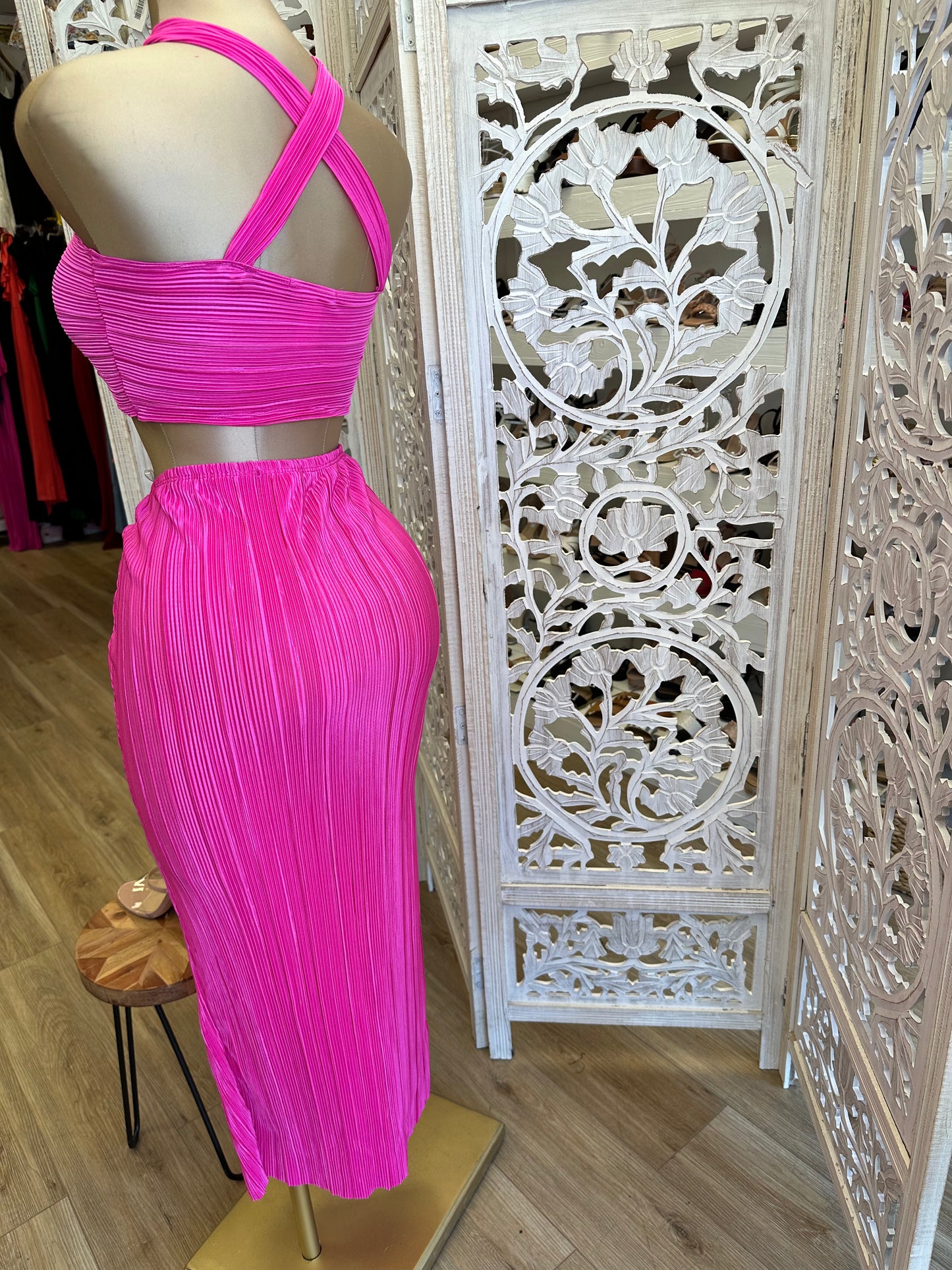 Hot Pink Crossfront Pleated Set